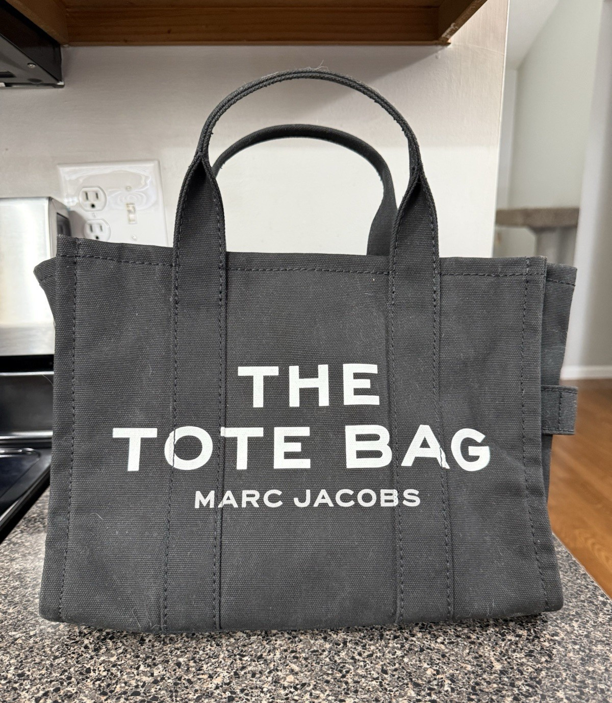 Marc Jacobs The Tote Bag Small Black Zip Top Tote, Detachable Strap, Silver