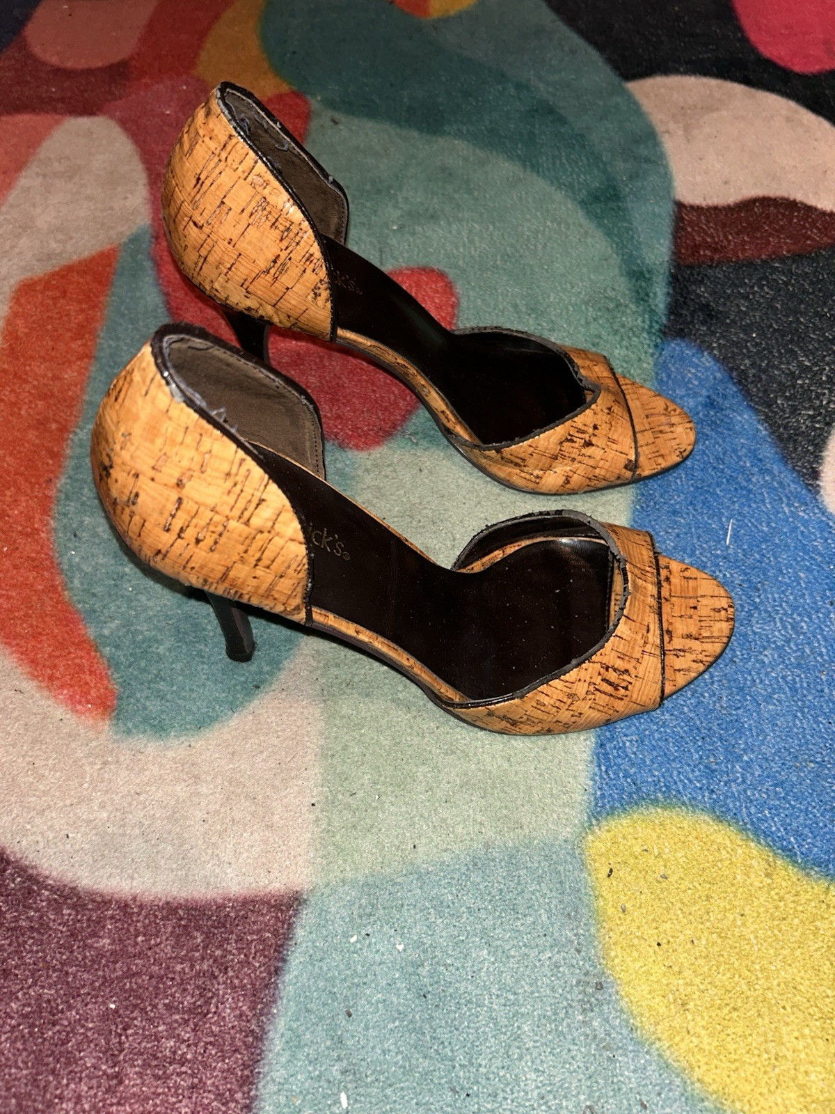 Chadwicks Tan Black D’Orsay Peep Toe Solid Stiletto Slip On Synthetic Heels