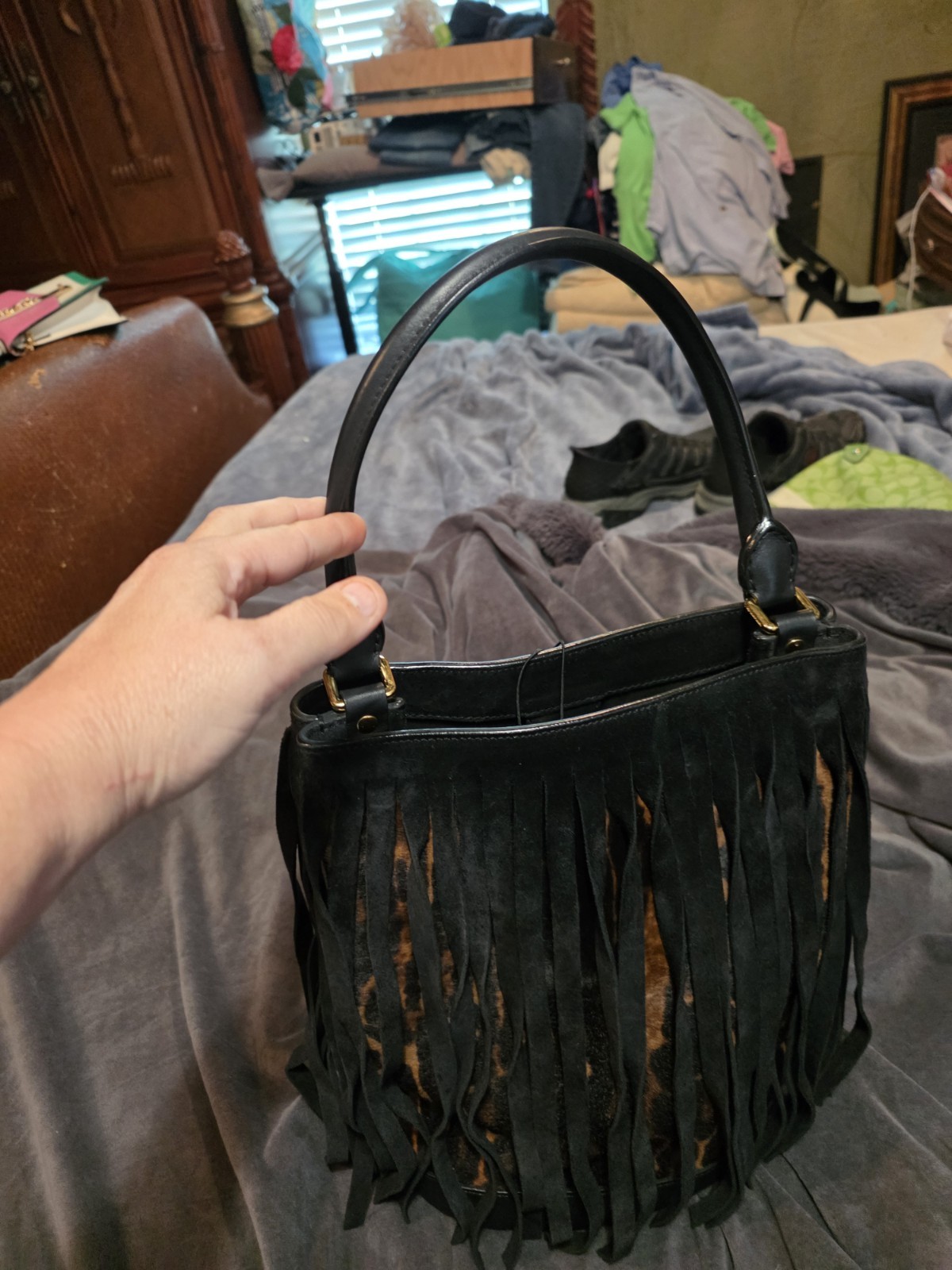 Burberry Women’s Animal Print Fringe Top Handle Bag w/ Pouch Magnetic Closure