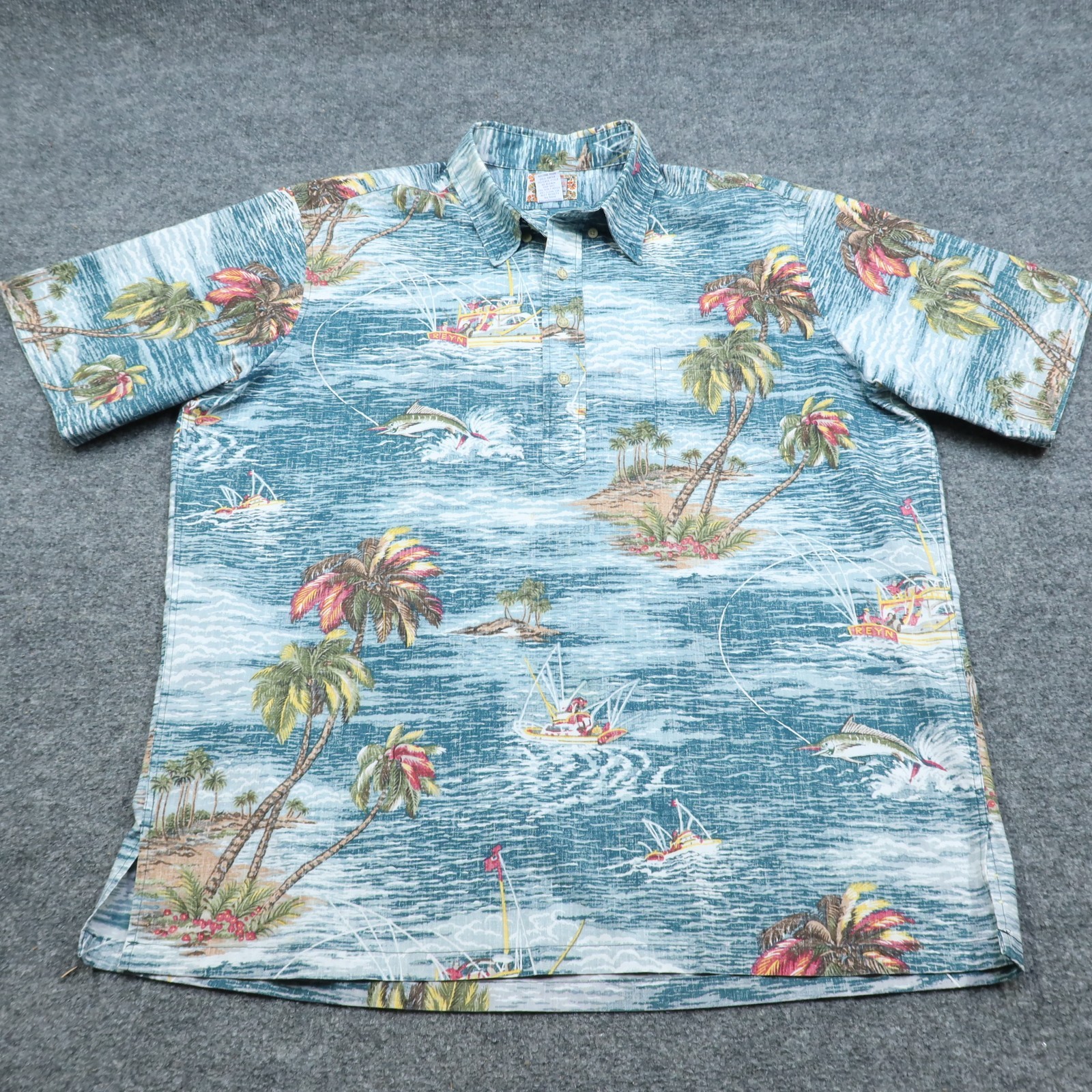 Reyn Spooner Shirt Mens XL Blue Pullover Hawaiian Boats Fishing Short Sleeve