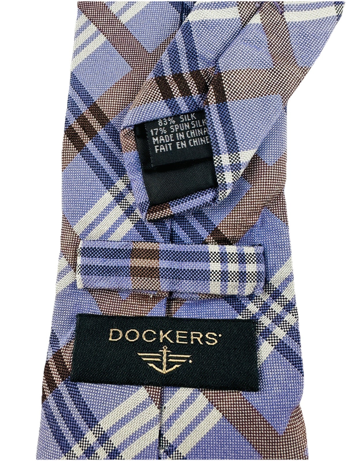 Vintage Dockers Silk Tie 60”x3.5” Periwinkle & Tan White Plaid Tartan Design