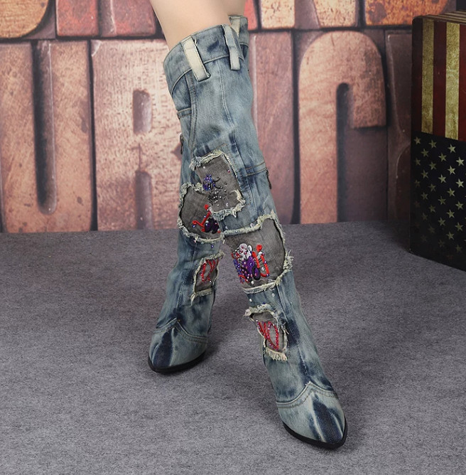 Womens Fashion Denim Block Heels Pointy Toe Thigh High Riding Over Knee Boots
