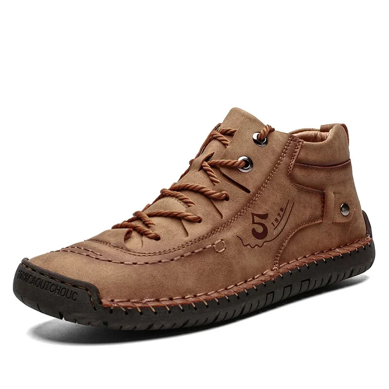 Men Hand Stitched Leather Walking Shoes Lace Up Non Slip Casual Outdoor Sneakers