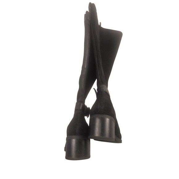 Clarks Black Suede Leather Knee High Boots Buckle Strap Stacked Heel Size 7