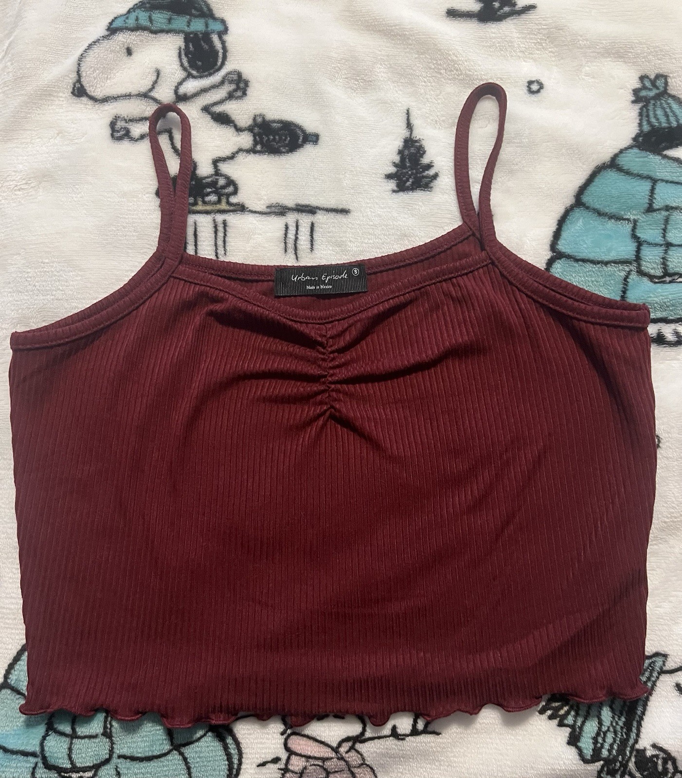 Urban Episode Ribbed Knit Ruched Ruffle Cropped Stretch Cami Burgundy S