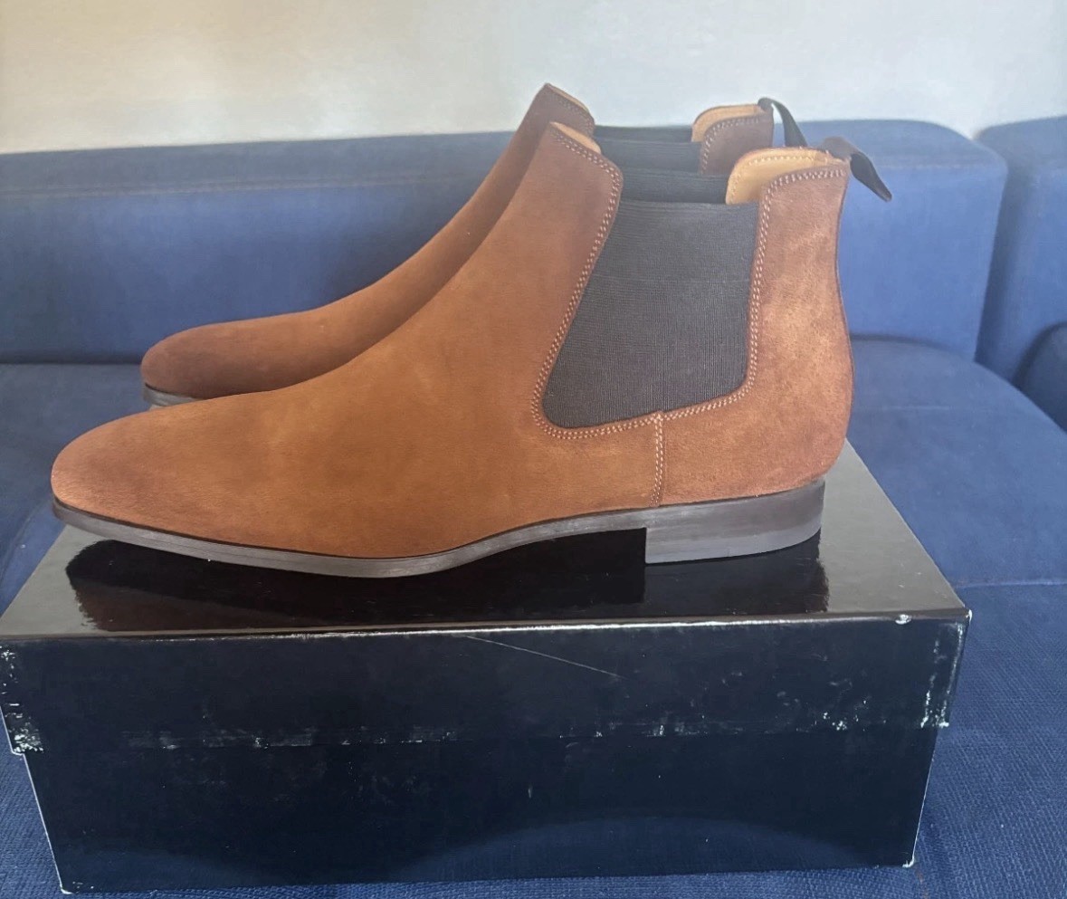 $495 Magnanni Mens Cognac Suede Chelsea Dress Ankle Boot Made in Spain Size 12