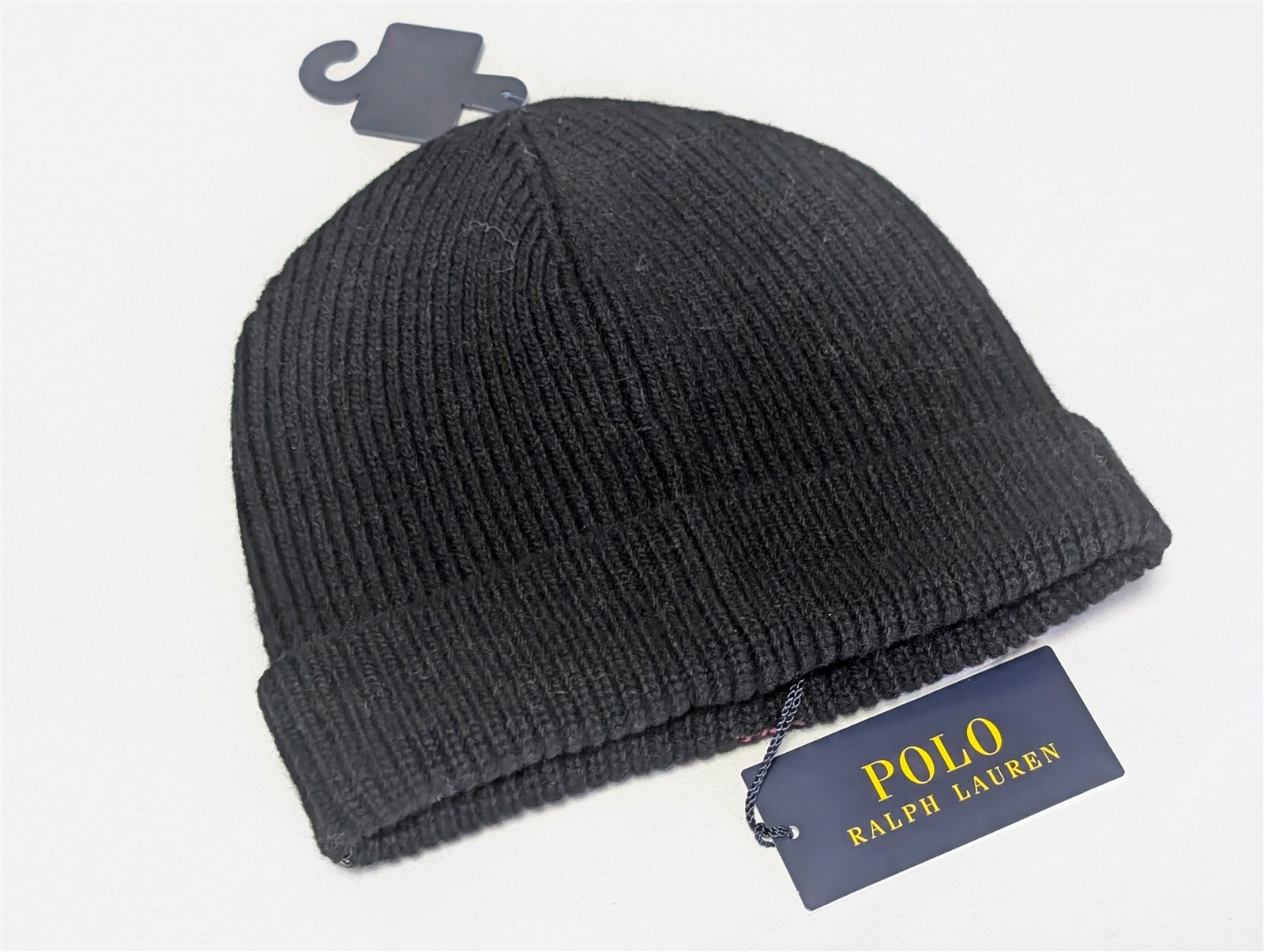 NWT Polo Ralph Lauren Flag Bear Beanie Black Ribbed Wool Blend Hat PC1565
