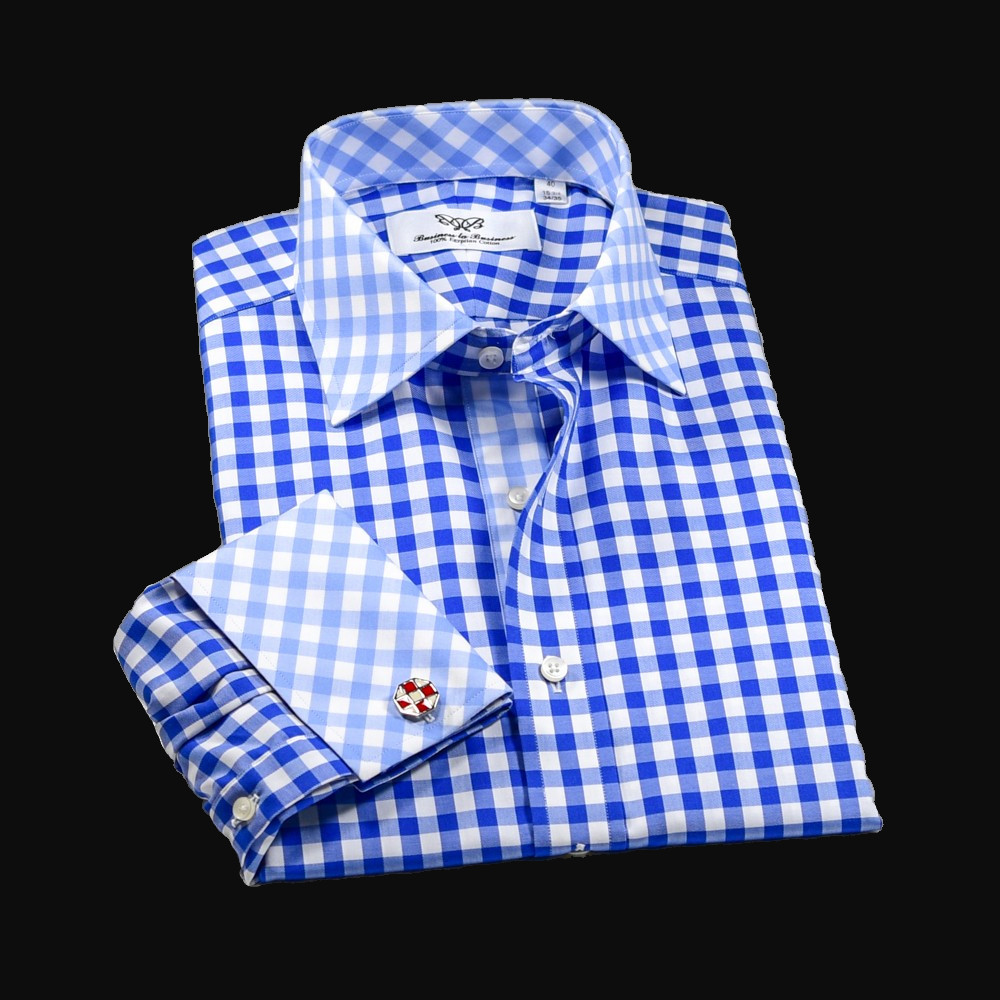 Blue Check Designed Business Shirt Easy Iron Wrinkle Free Contrast Collar & Cuff