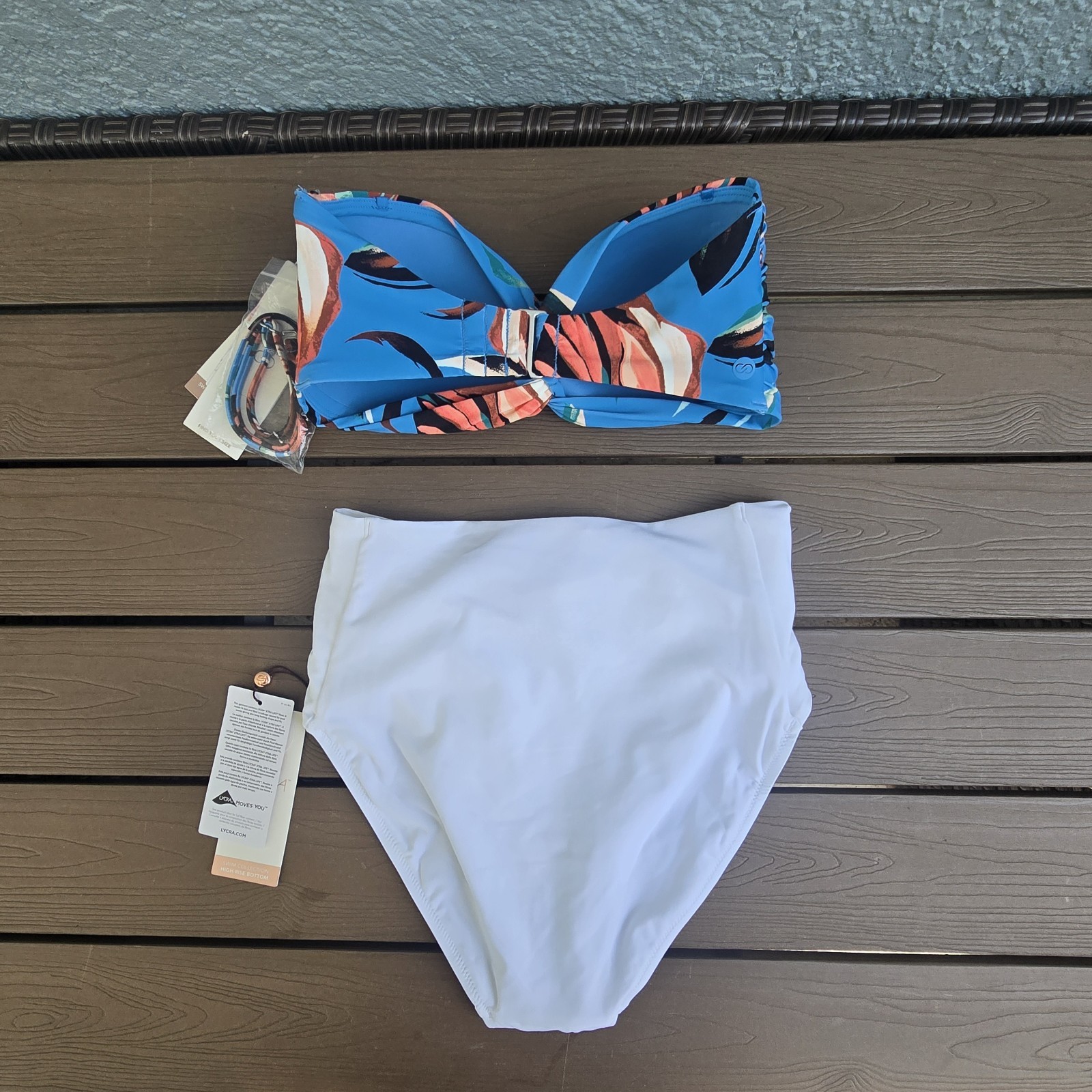 CALIA Women’s Tranquil Blue Floral Twisted Bandeau & High Rise Bikini Sz XS New