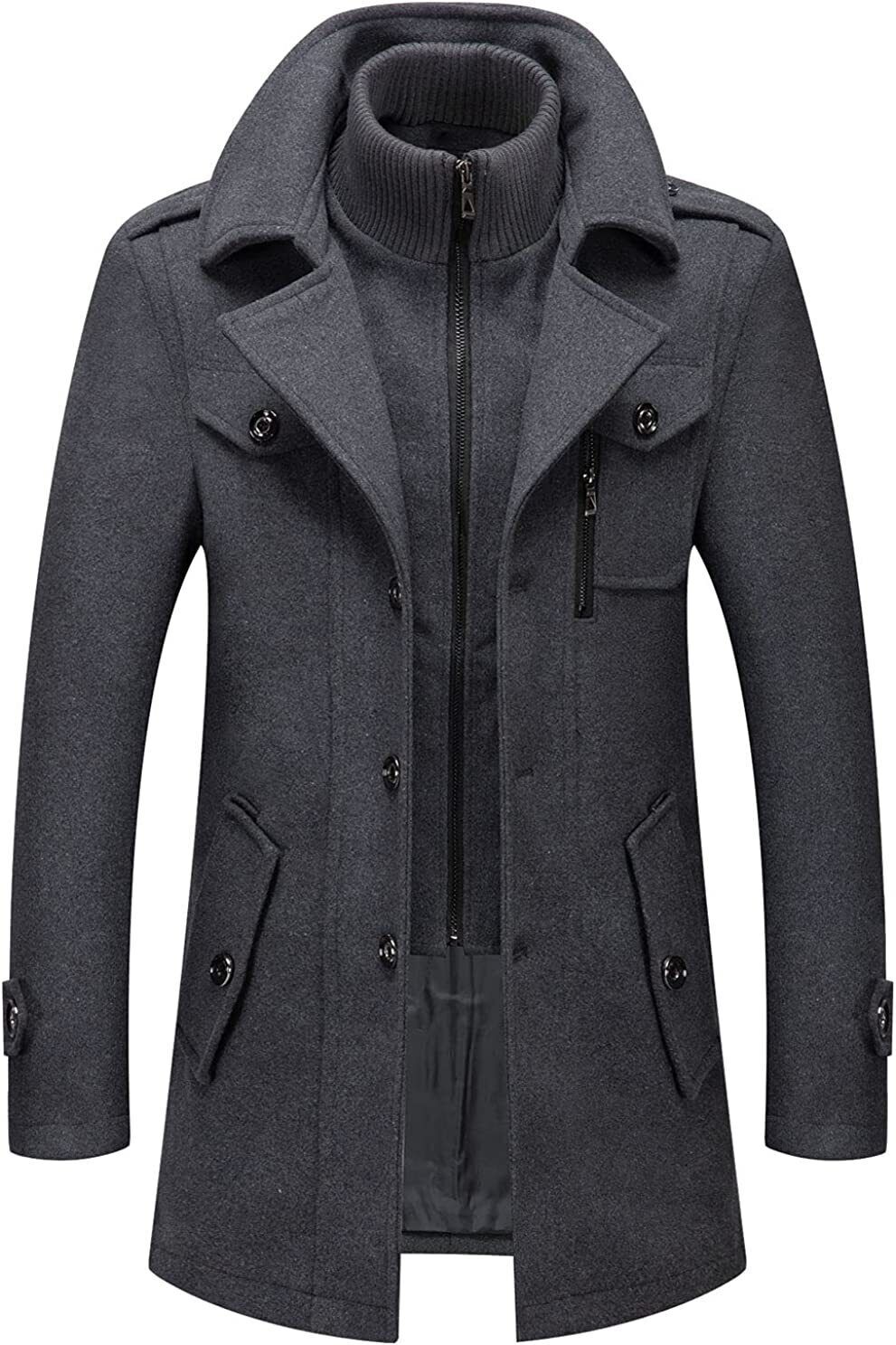 Men’s Thermal Single Breasted Wool Blend Coat Business Peacoat Detachable Zipper