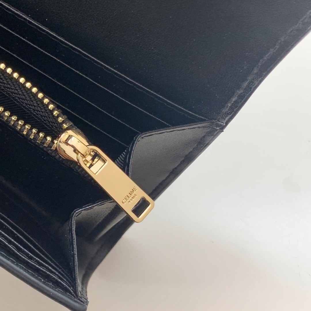 CELINE Black Solid Wallet Gold Logo Clasp Zipper Poker Credit Card Holder
