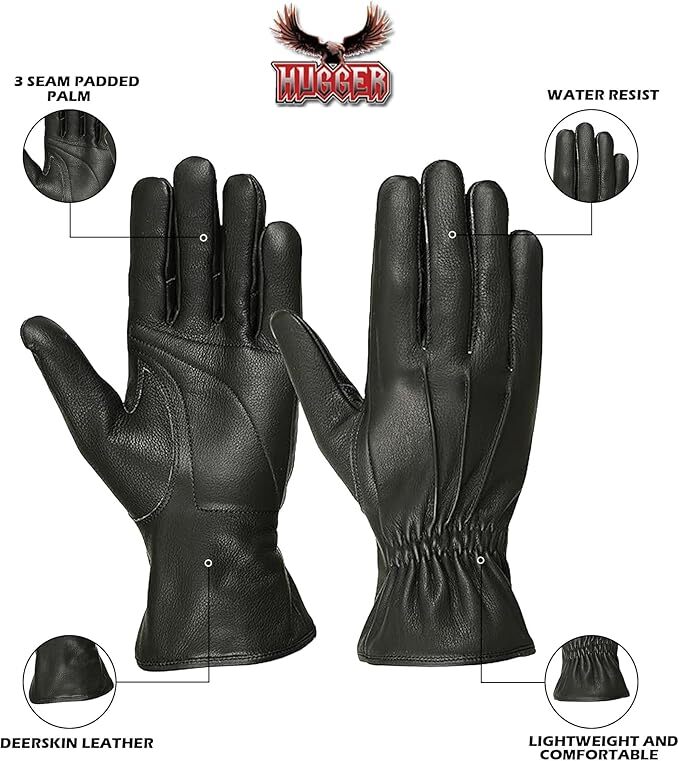 Hugger Men’s Deerskin Water Resistant Leather Motorcycle Driving Riding Gloves