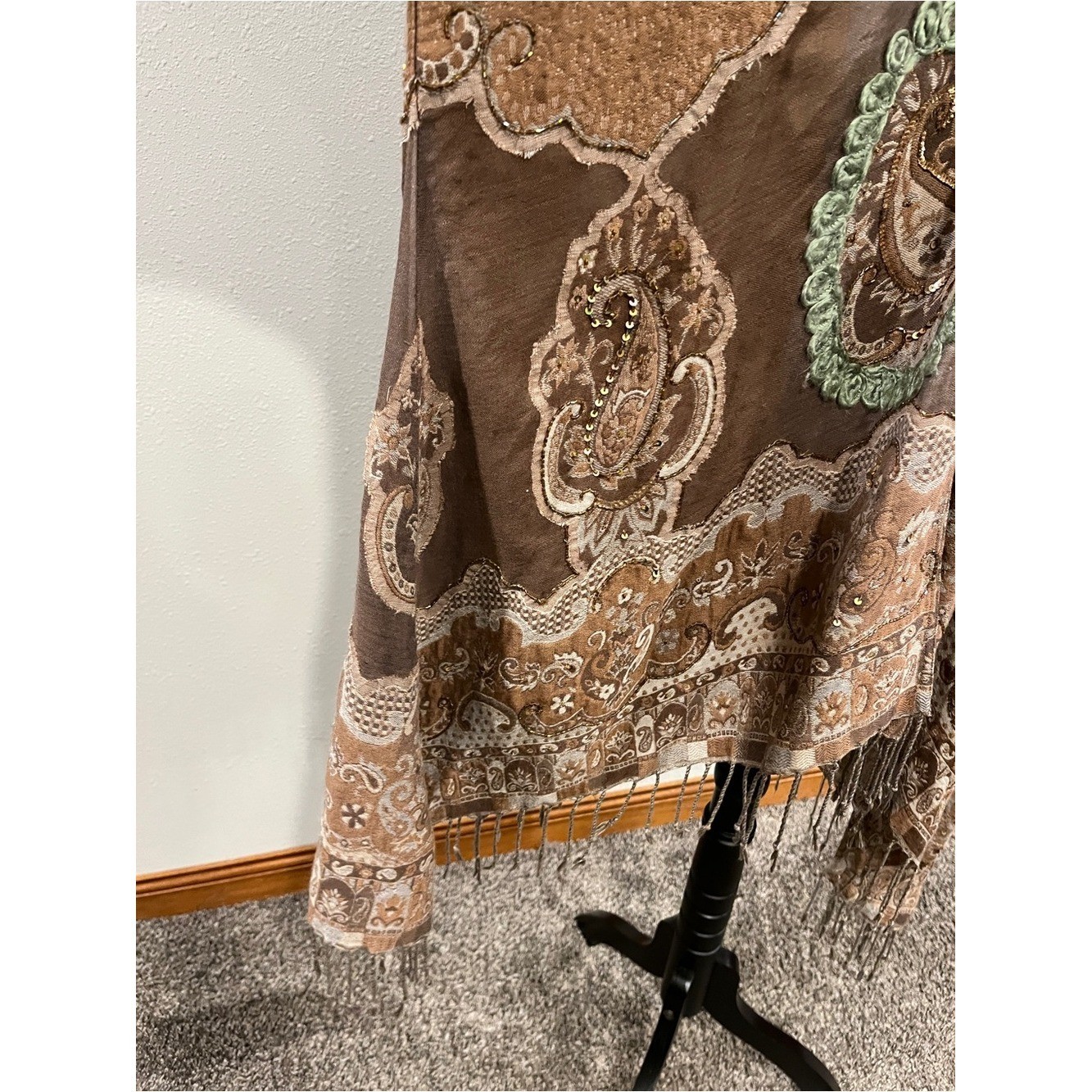 Soft Surroundings Brown Paisley beaded sequins Fringe Kimono