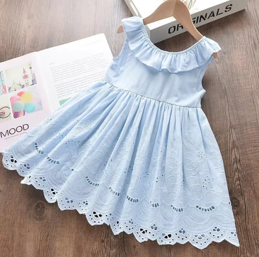 NEW Girls Blue Floral Eyelet Sleeveless Dress 3T 4T 5T 6 Easter
