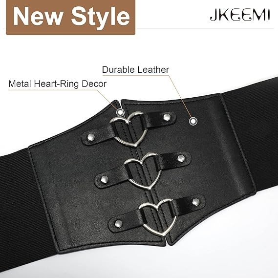 “Black Corset Belt for Women Plus Size Wide Elastic Rivet Heart-Ring Belt for Dr