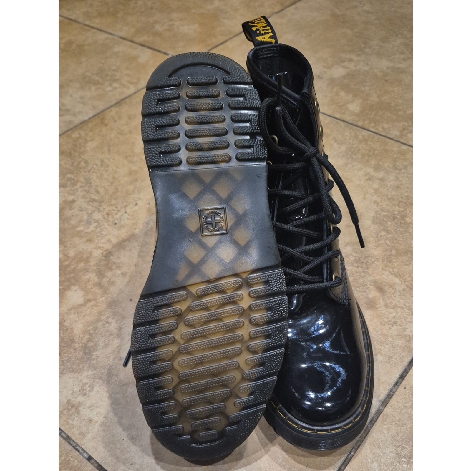 Dr. Martens Black Patent Leather Lace-Up Boots with Yellow Stitching