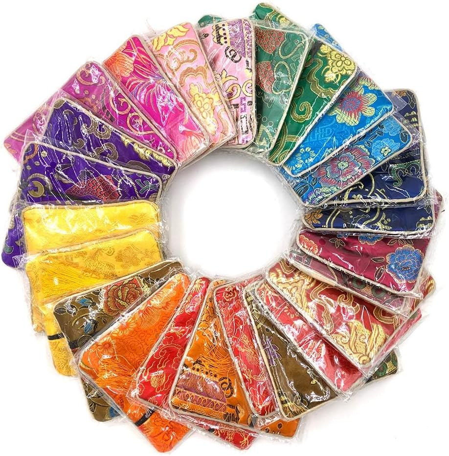 24Pc Chinese Silk Brocade Coin Purse Embroider Jewelry Bag Zipper Wallet Pouch