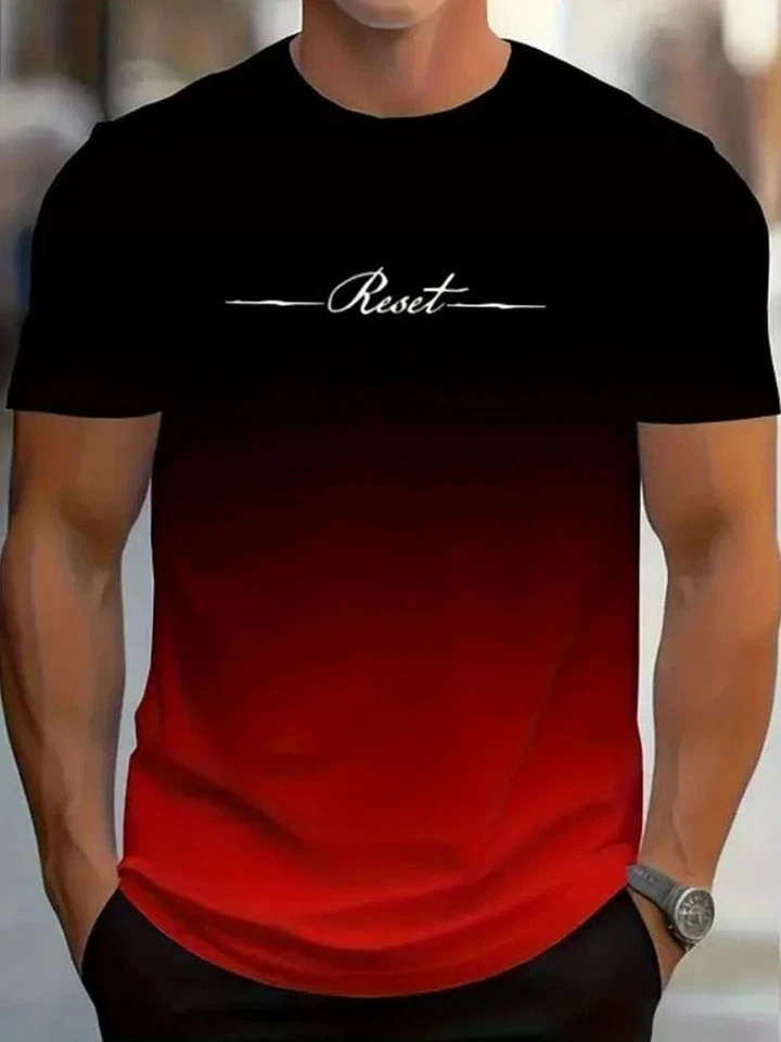 Men’s Vintage Gradient Print Casual Tee Shirt Breathable Polyester O-Neck