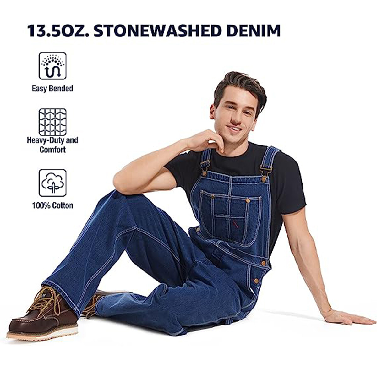 HISEA Men Denim Bib Overalls Relaxed Fit Workwear Roomy Dungarees PocketJumpsuit
