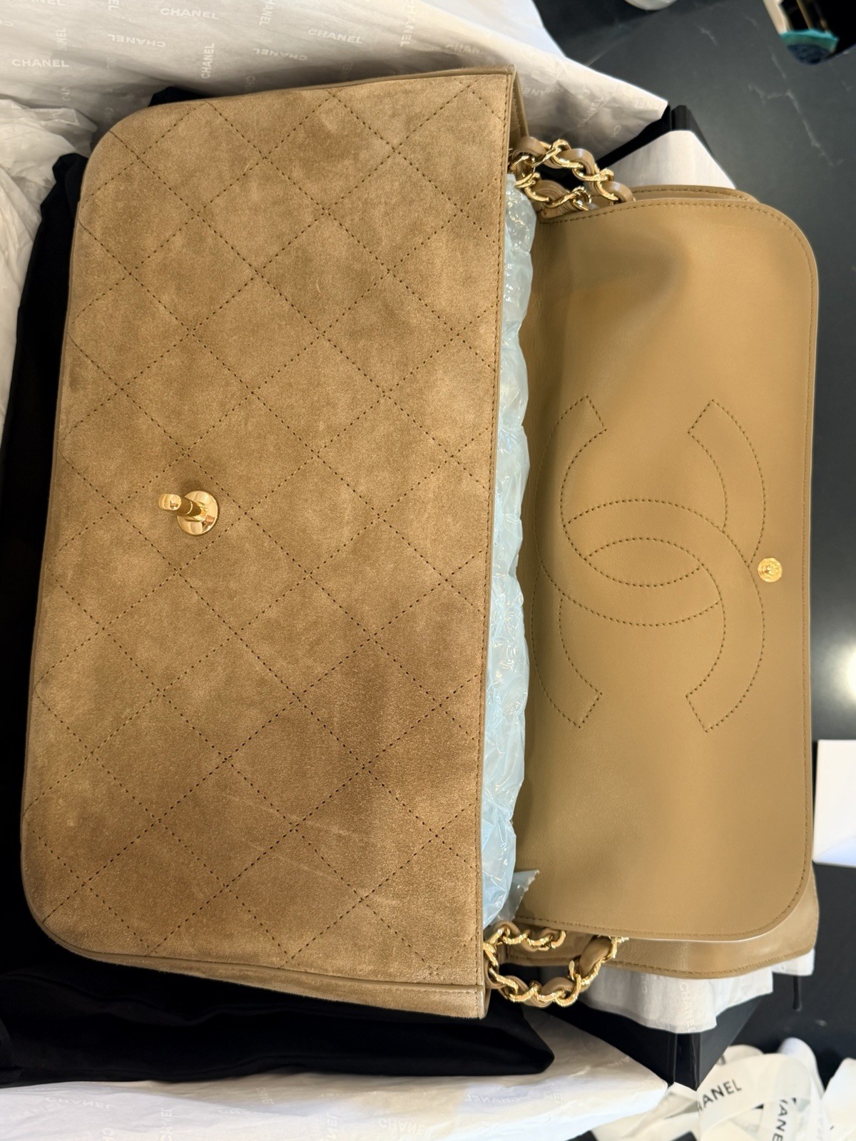 CHANEL Beige Quilted Flap Shoulder Bag Chain Strap Turn Lock Gold HW