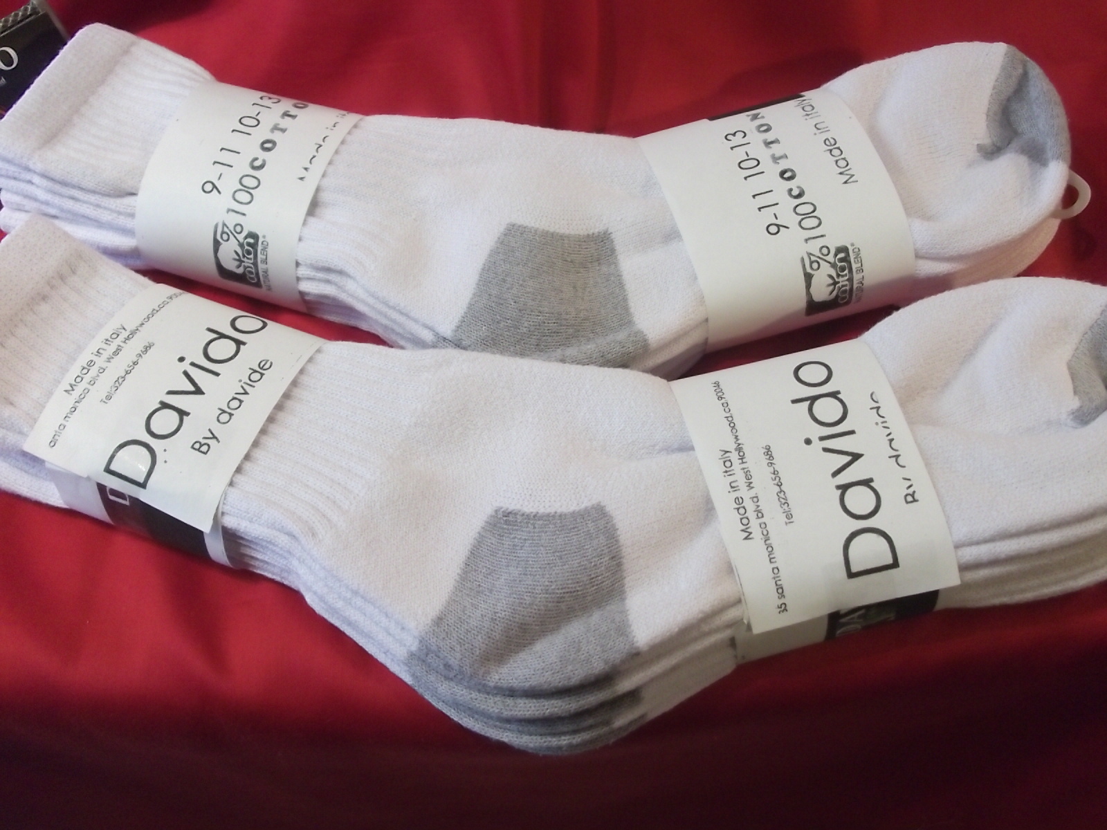 Davido Mens socks crew 100% cotton made in Italy white/gray 6 pairs size 10-13