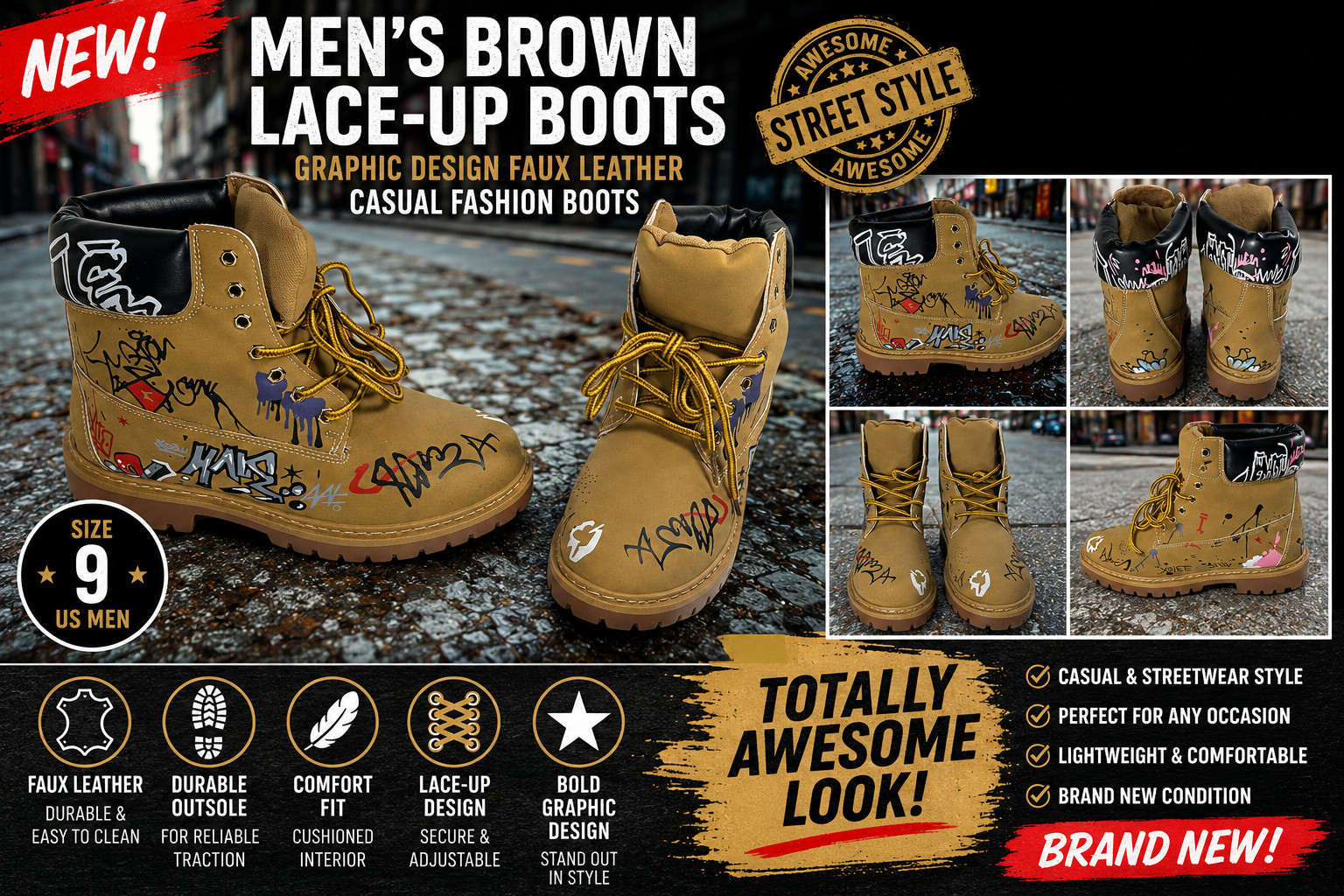 Men’s Brown Lace-Up Boots Size 9 US – Graphic Design Faux Leather Casual Fashion