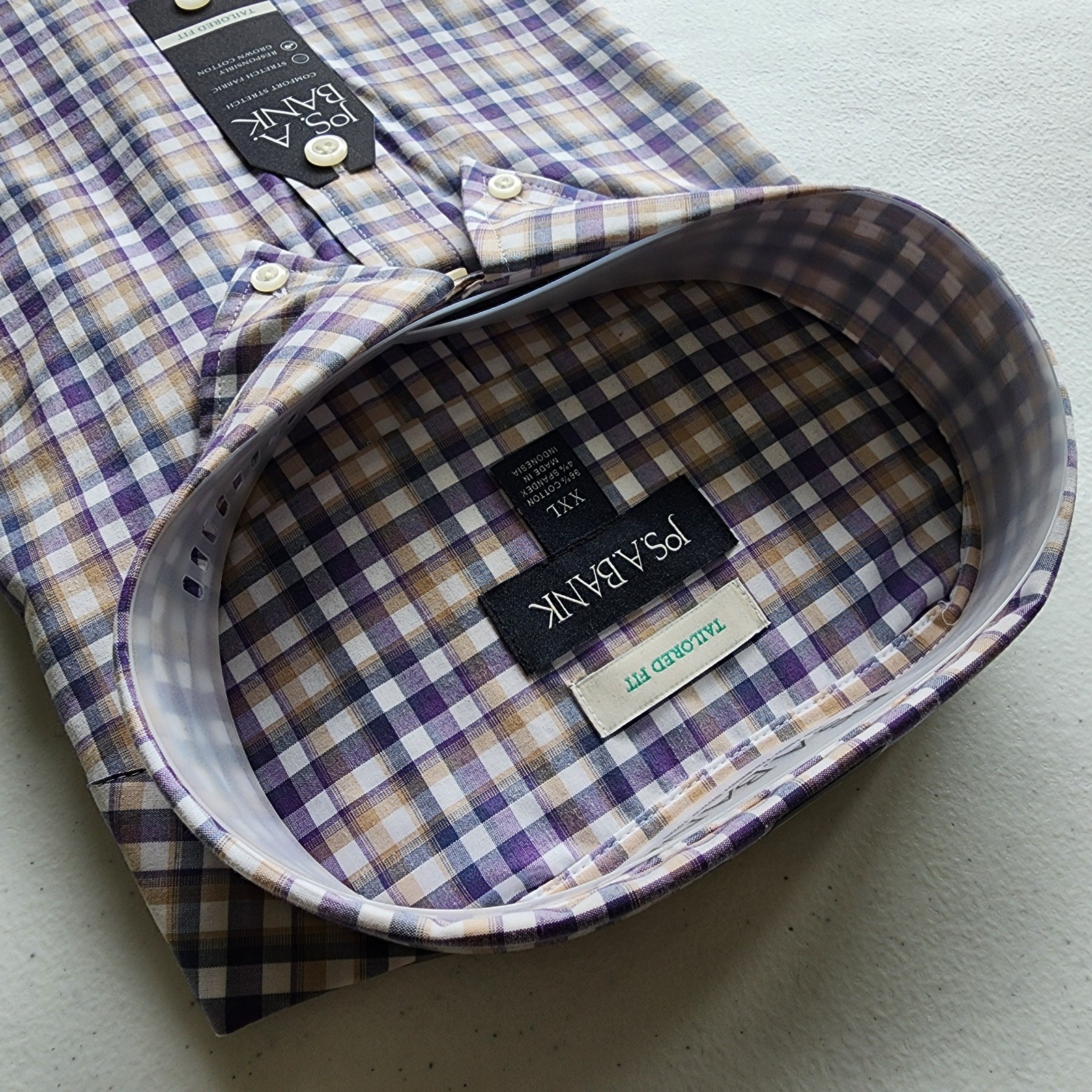 XXL Purple Shirt Plaid Checked Beige White Mens Jos A Bank New Tailored Fit Size