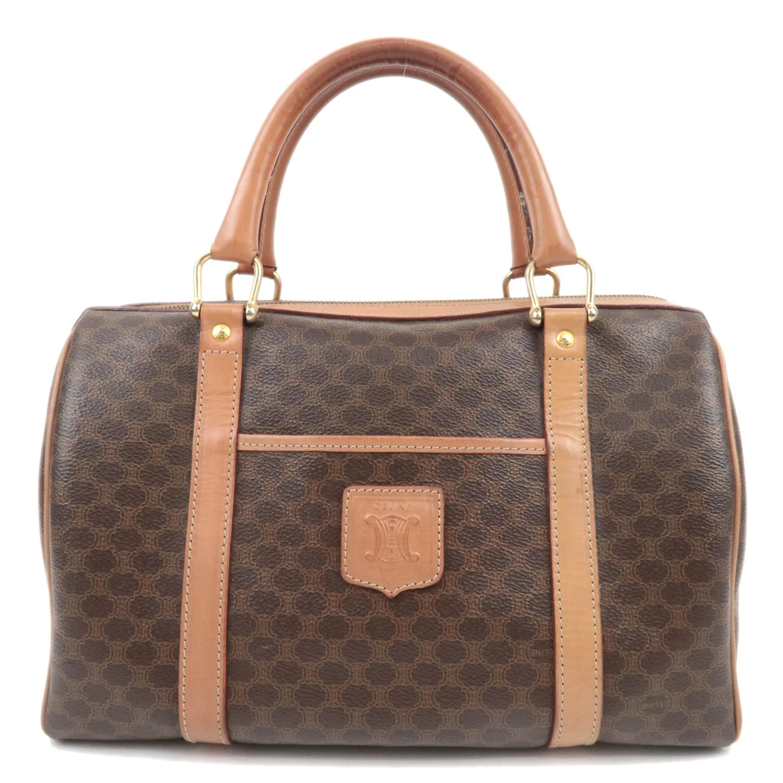 CELINE Macadam PVC Leather Handbag Brown Gold HDW Authentic