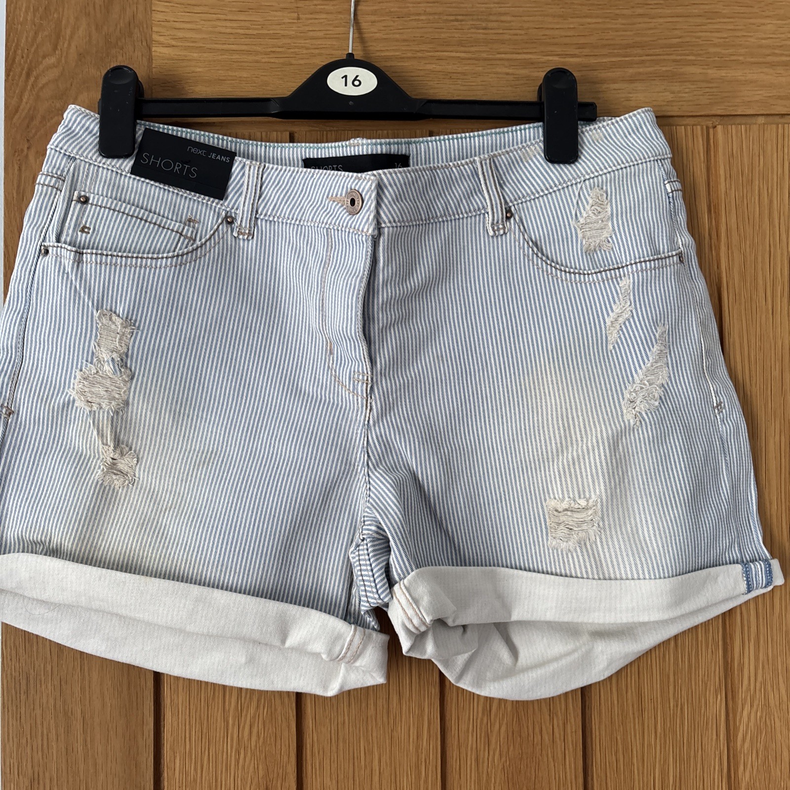 Next Light Wash Striped Distressed Denim Shorts Size 16 BNWOT