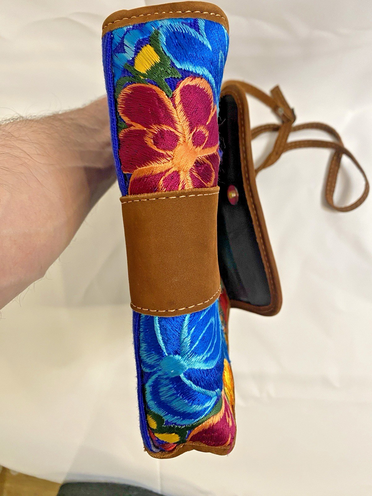 Floral Embroidered Small Women’s Crossbody Bag Magnetic Closure Brown Strap