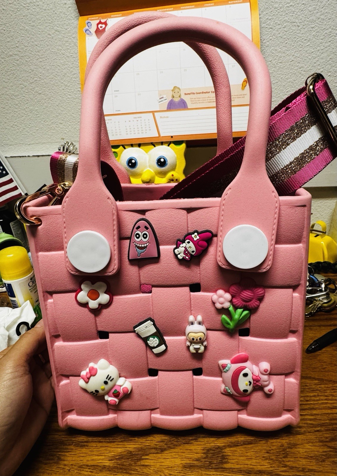 Pink Hello Kitty Small Tote Top Handle Detachable Strap with Charms