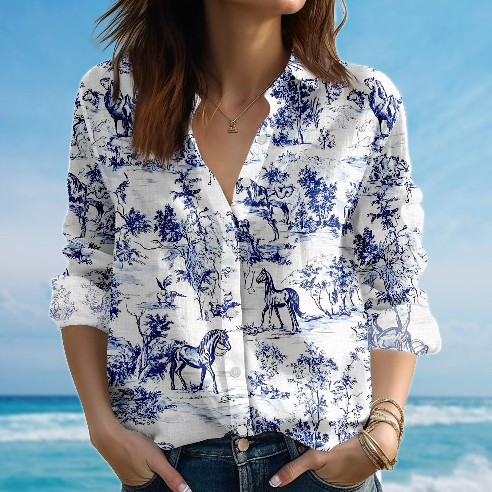 Horse Print Toile Blouse Shirt Blue White Equestrian Shirt