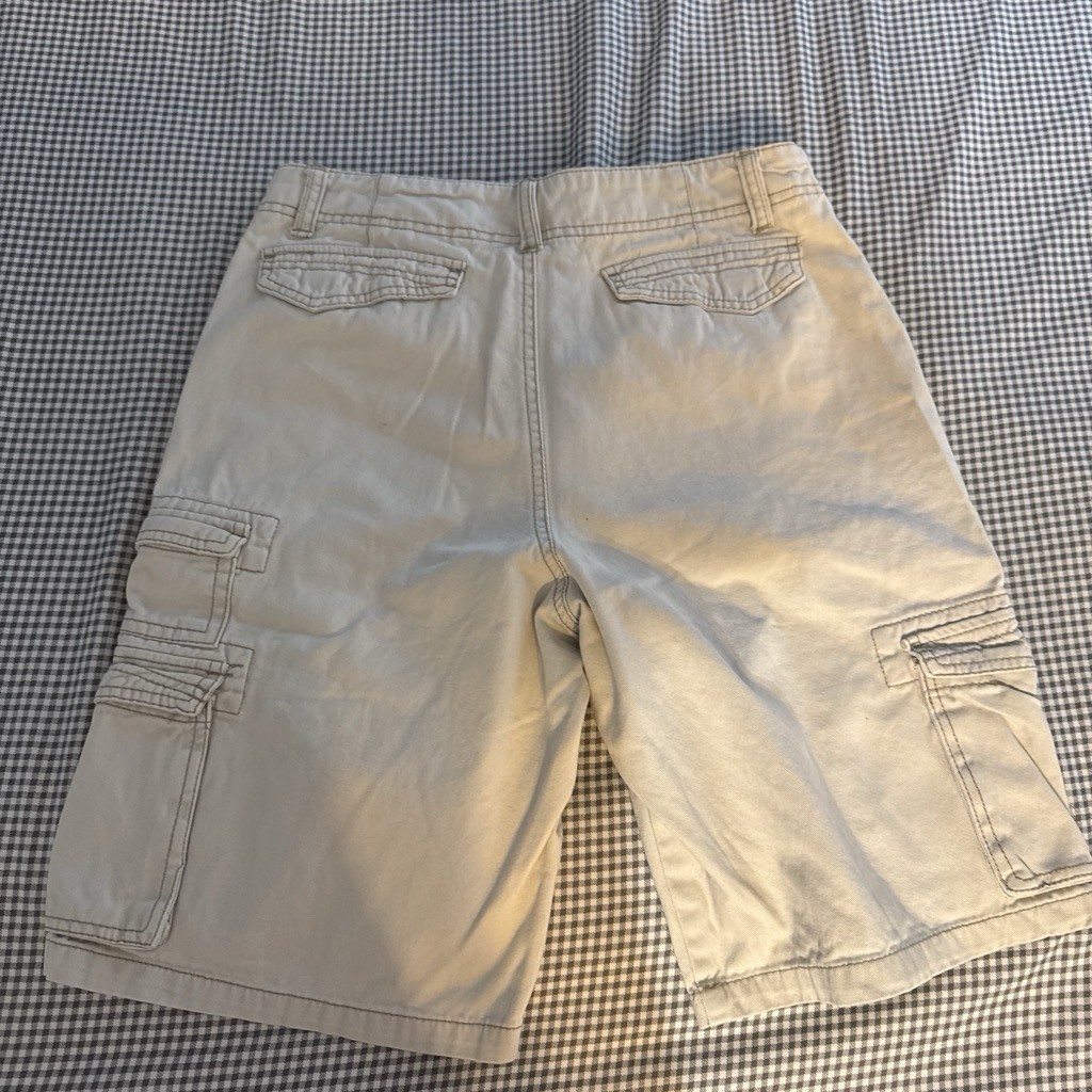 Iron Co. Beige Solid Cargo Shorts Cotton Canvas Flat Front Button Cargo Pockets