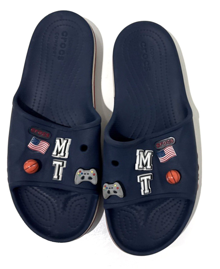 Crocs Blue Bayaband Sandals Slides Flip Flop Jibbitz Mens 10 Womens 12