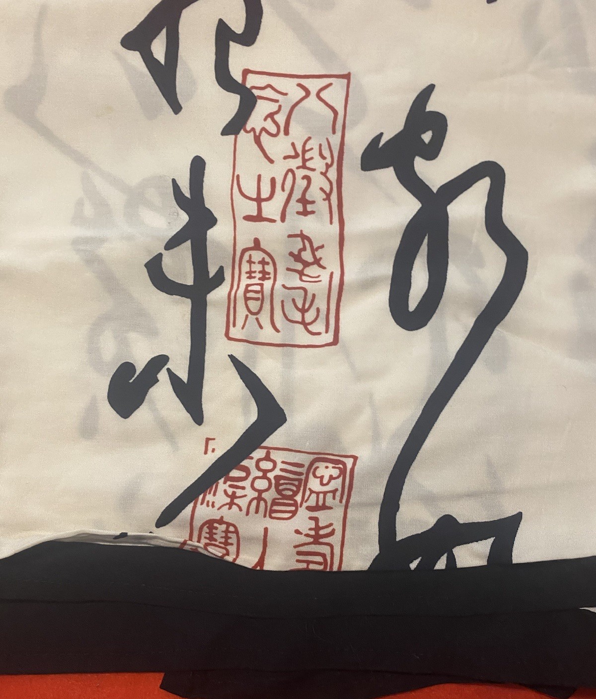 Van Klee Silk Scarf with Abstract Black and Red Calligraphy Pattern