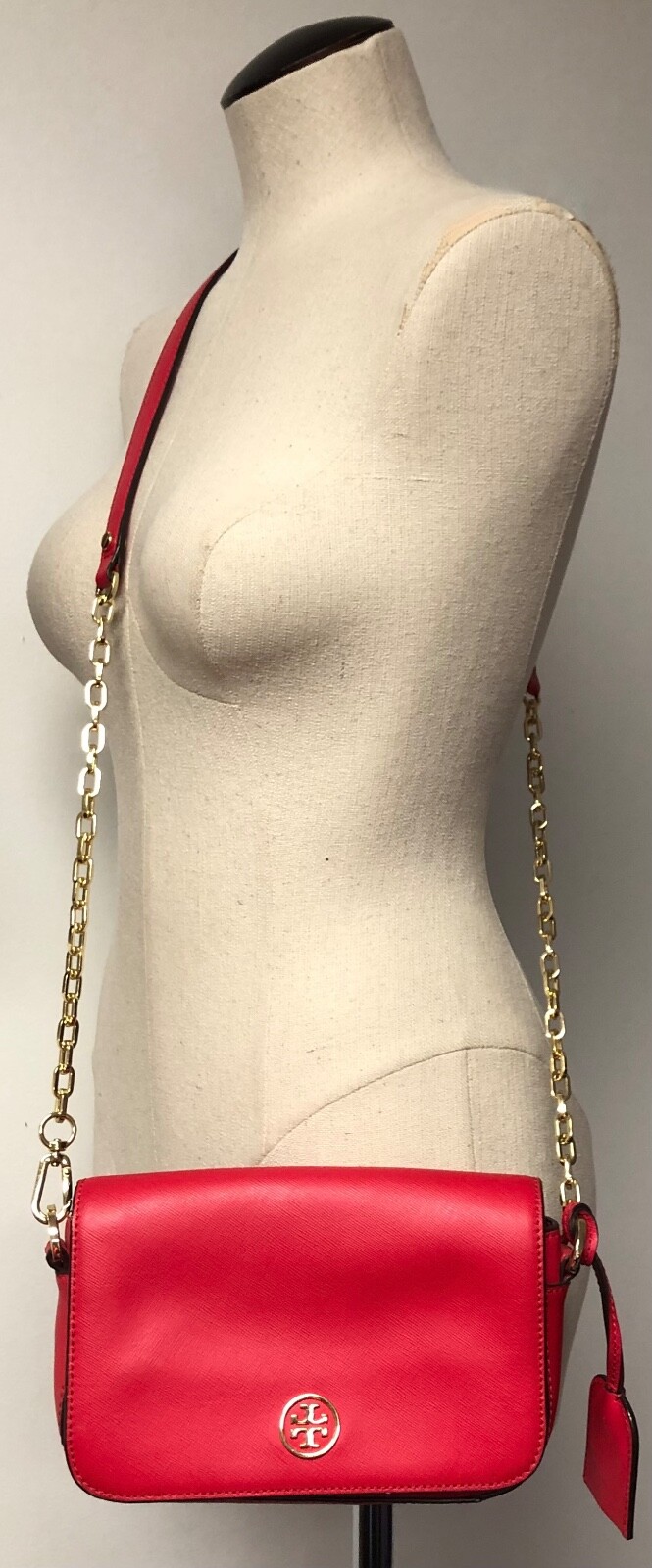 TORY BURCH EMERSON WOMEN’S CROSSBODY BAG BRILLIANT RED W GOLD TONE LOGO & CHAIN