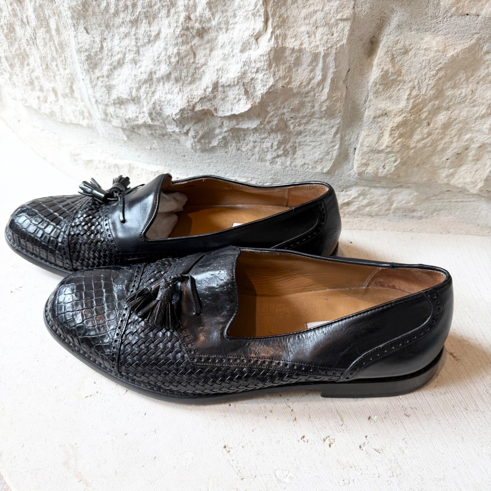 Mezlan Carmel Mens Black Woven Leather Tassel Loafers Shoes Made in Spain SZ 11