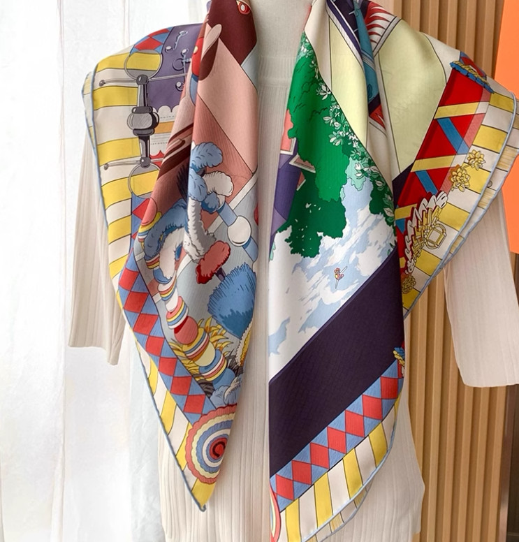 Pure 18 Momme Twill Silk Bandanna Scarf Wrap horse Print Square Shawl 35”new