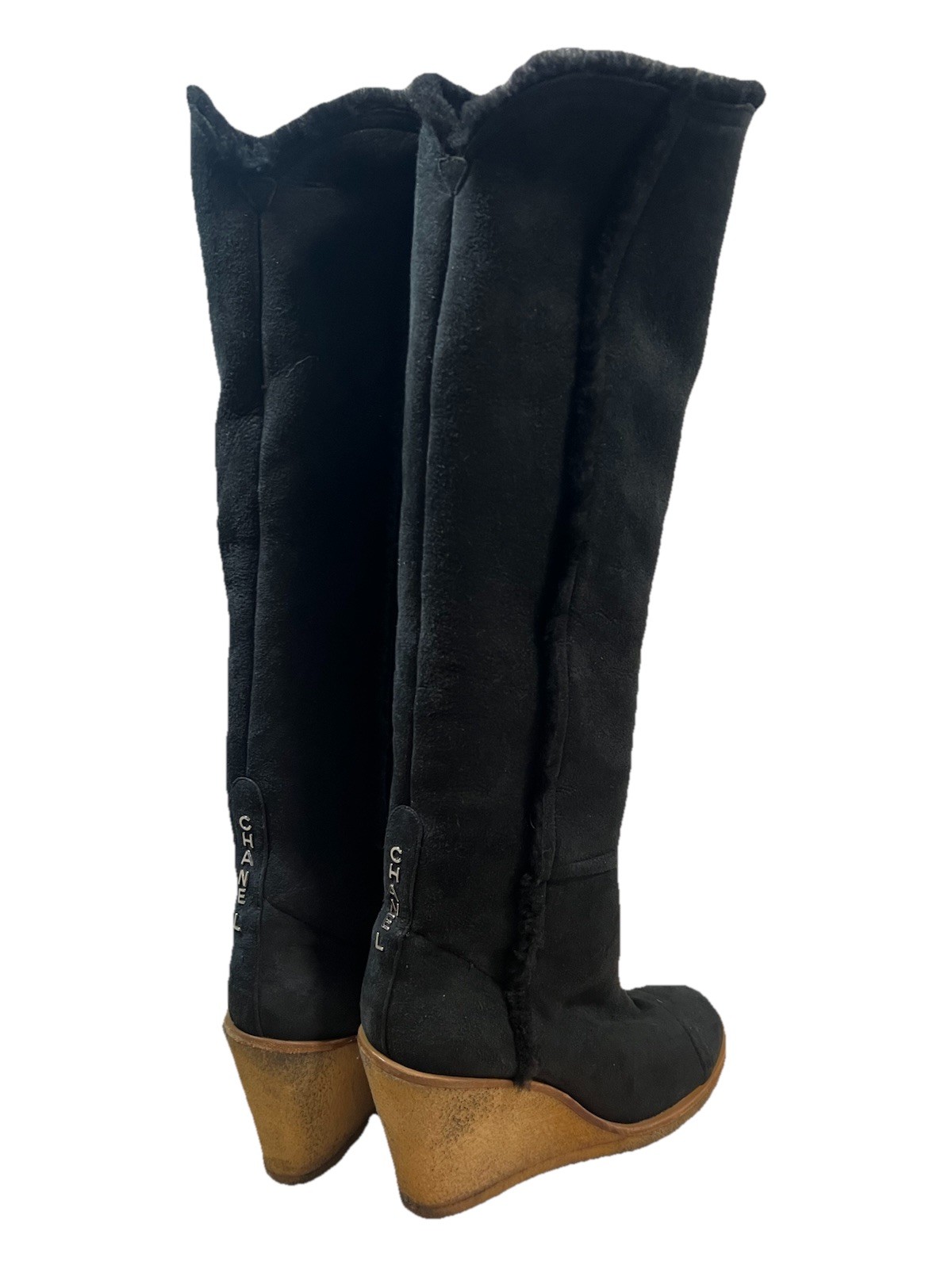 Chanel Boots 40 Wedge Knee High Suede Sherpa Fur Lined Biker Moto Spellout Logos