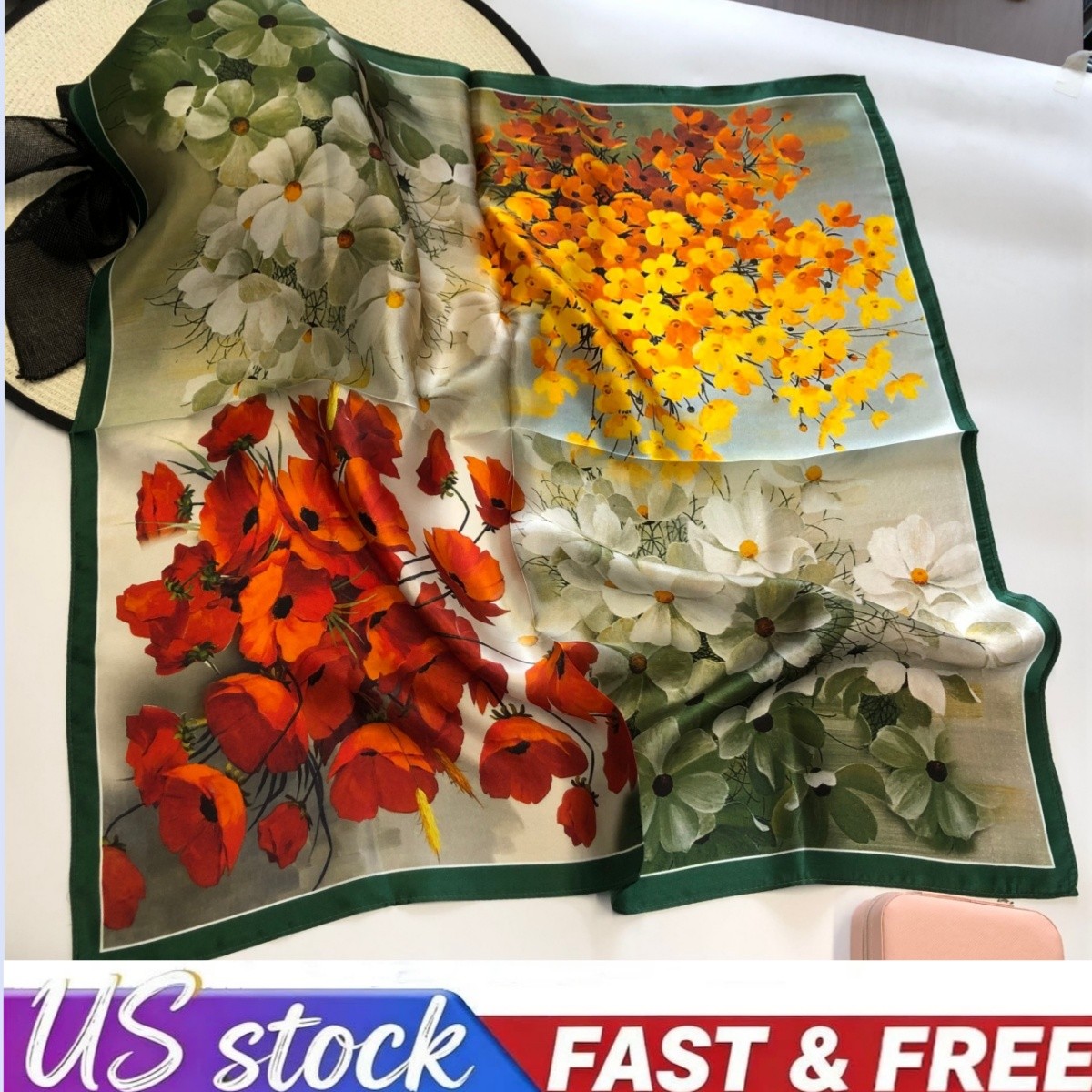 100% Silk Mulberry Neckerchief Women Orange Flower Vintage 27″ Square Scarf Wrap
