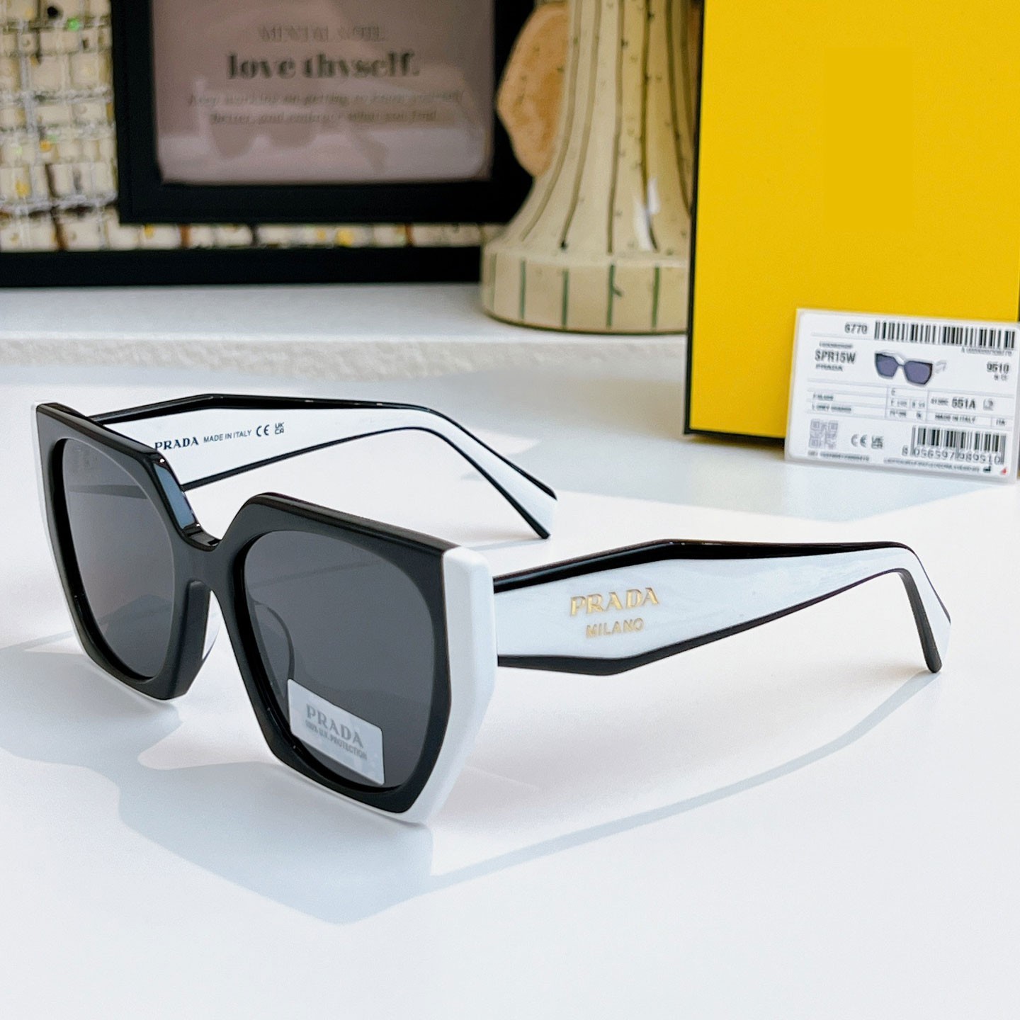 Prada PR 15WS Oversize Square Sunglasses Women Black White Frame UV400 Authentic