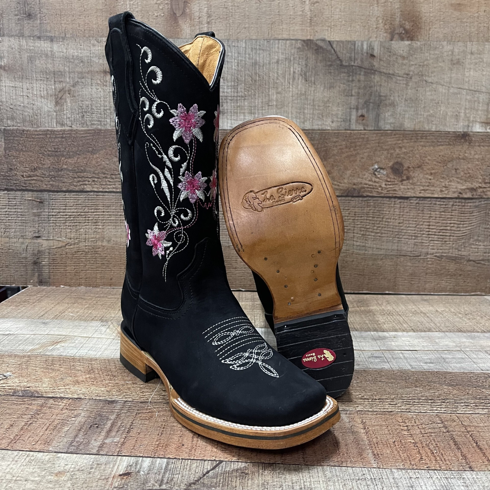Women’s Western Rodeo Square Toe Cowgirl Boots Pink Flowers Nobuck Flor Rosa 804
