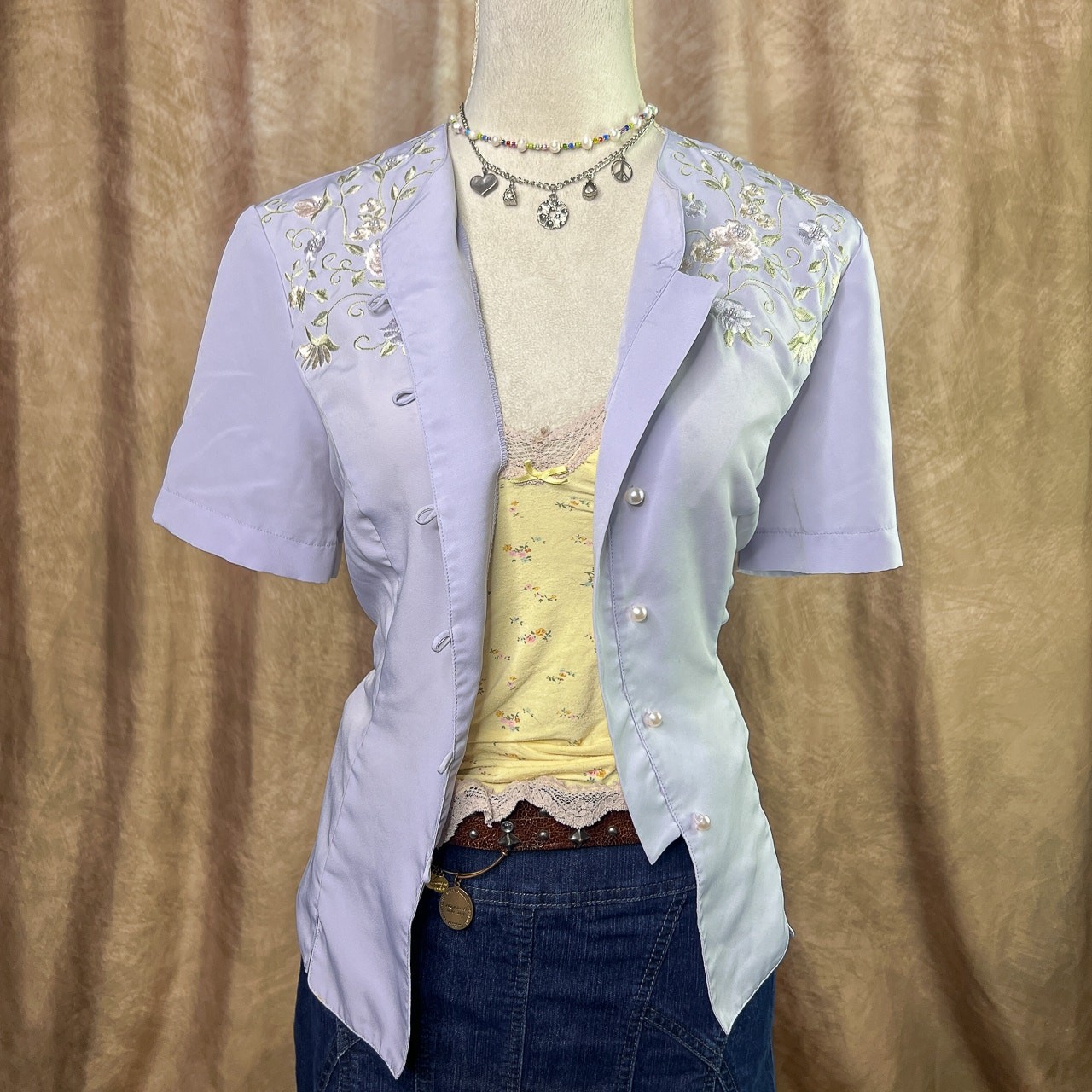 Vintage Floral Blouse 90s Embroidered Pastel Purple Renaissance Victorian Regal
