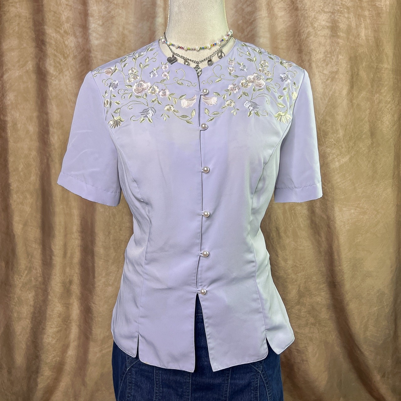 Vintage Floral Blouse 90s Embroidered Pastel Purple Renaissance Victorian Regal