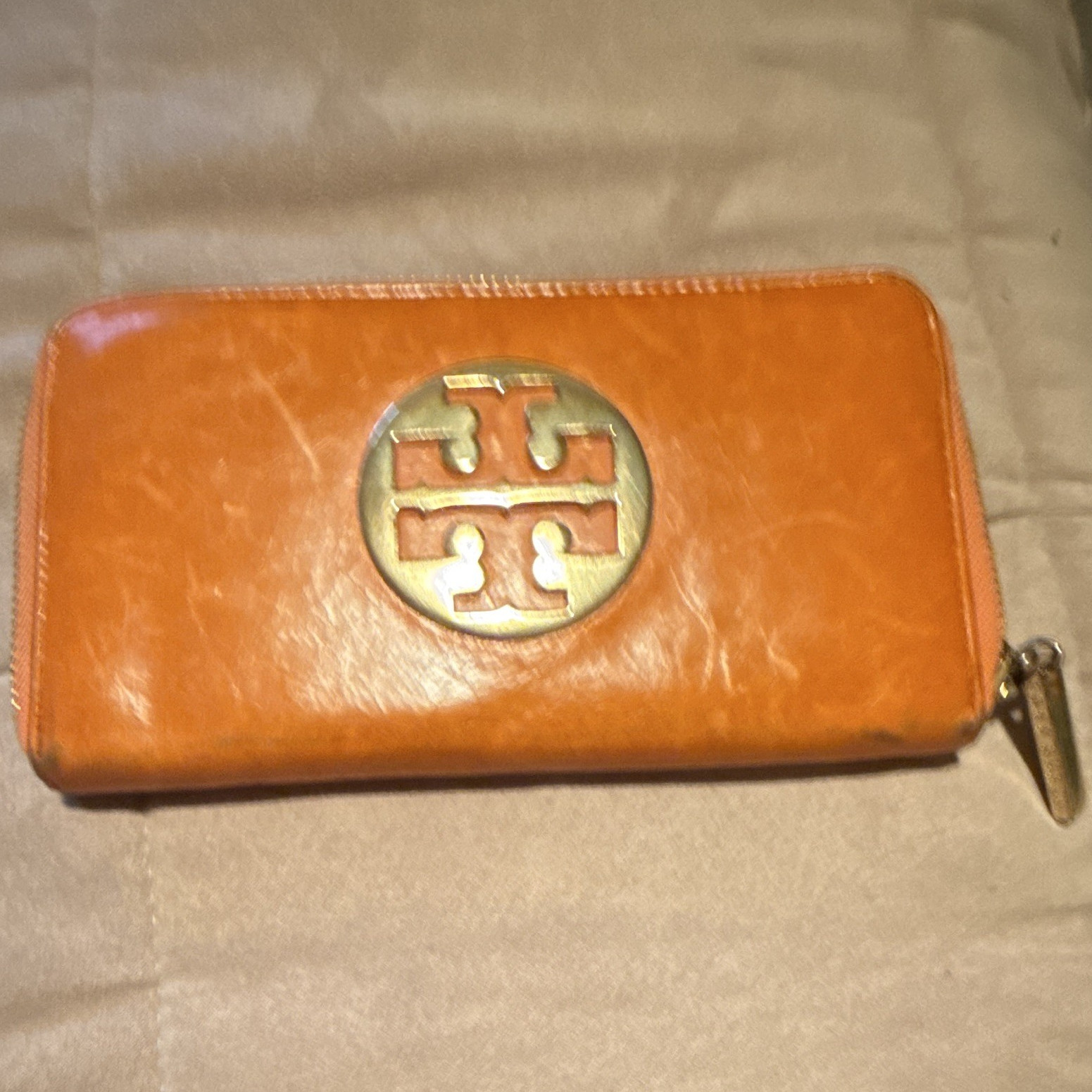 Tory Burch Women’s Orange Solid Zip-Around Wallet w/ Logo, Credit Card Slots