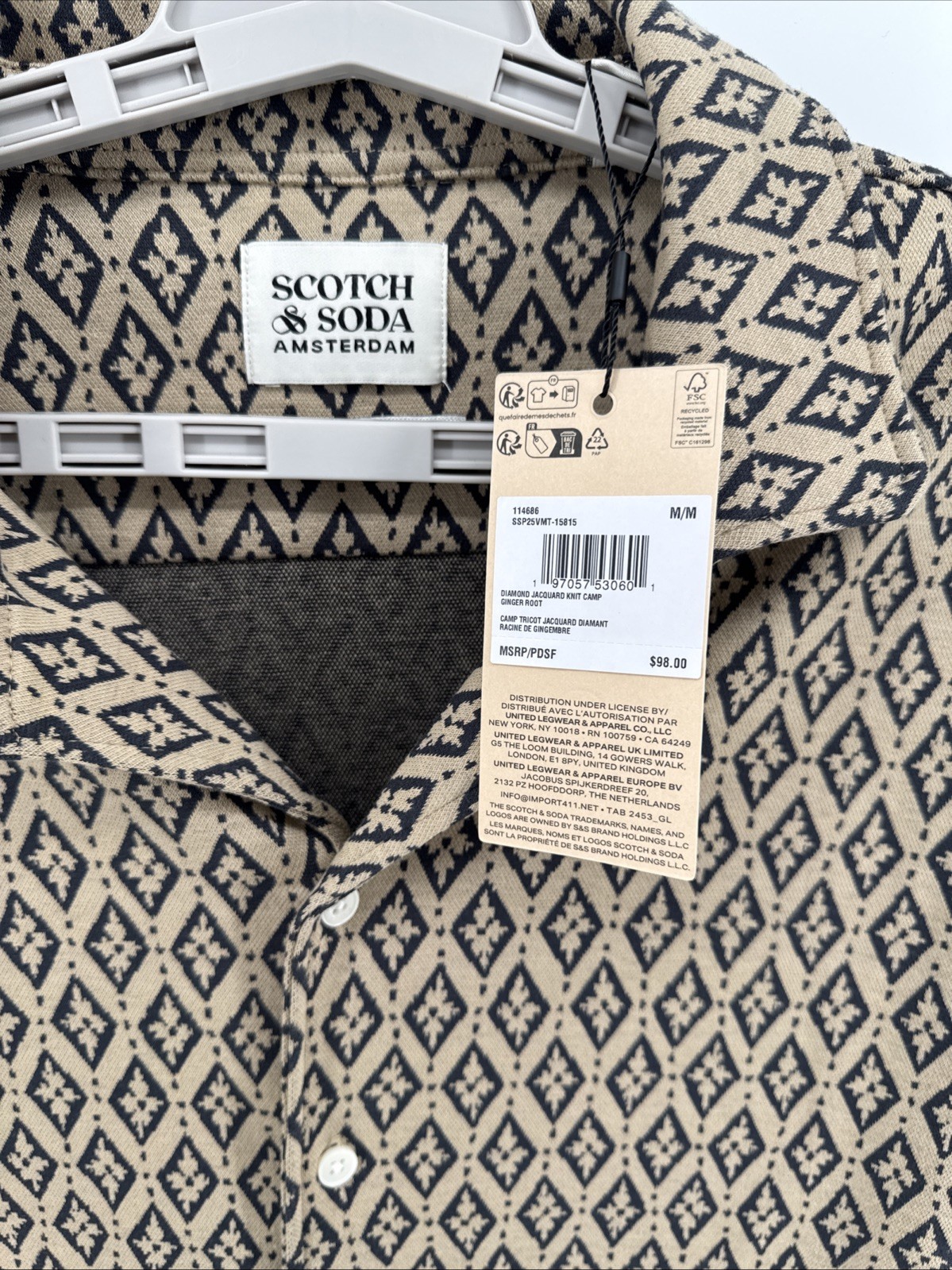 NWT $98 Scotch & Soda Men’s Diamond Jacquard Short Sleeve Knit Camp Shirt Size M