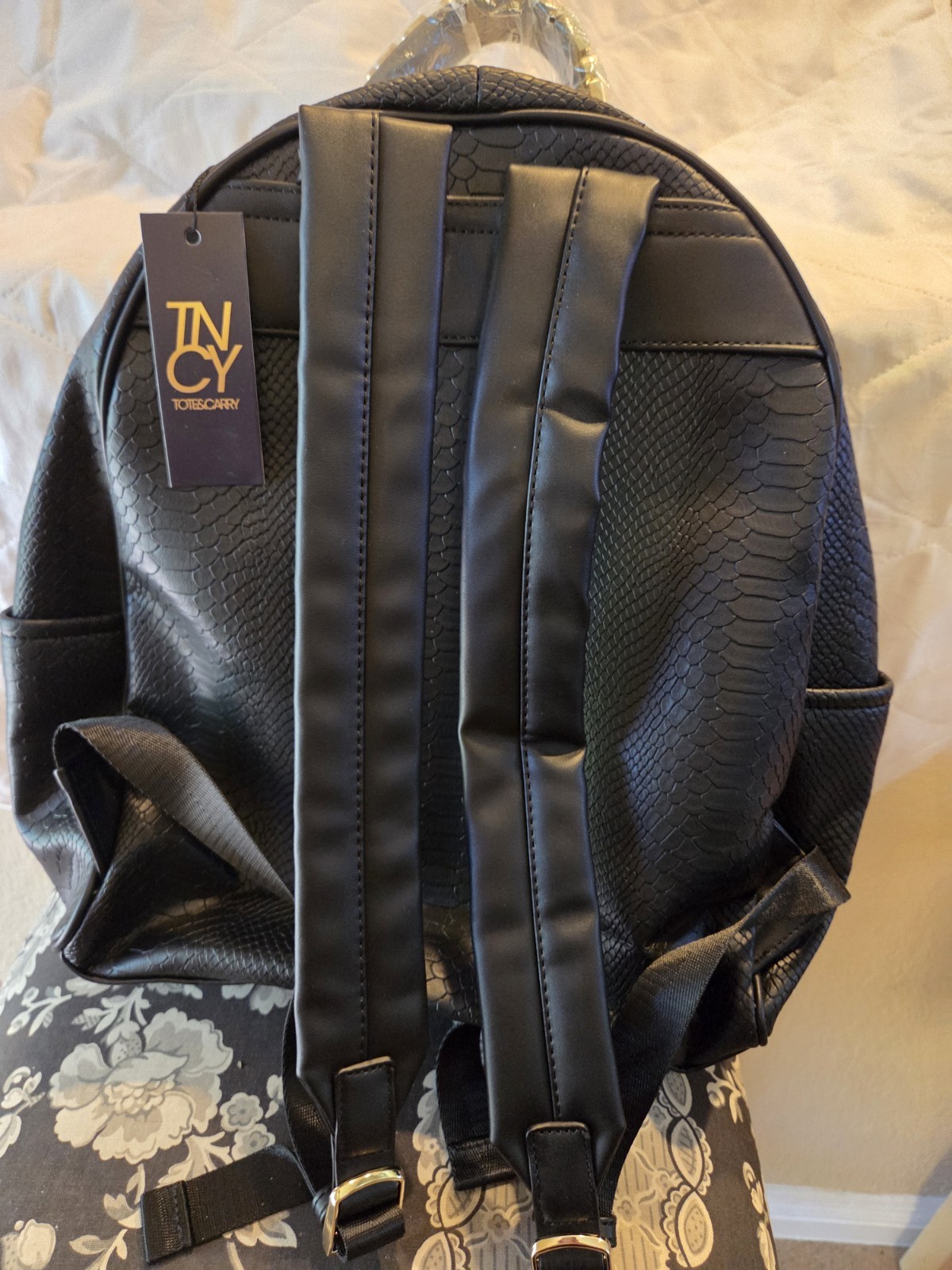 NEW Tote & Carry Black Textured Faux Leather Backpack Gold Hardware Red Lining