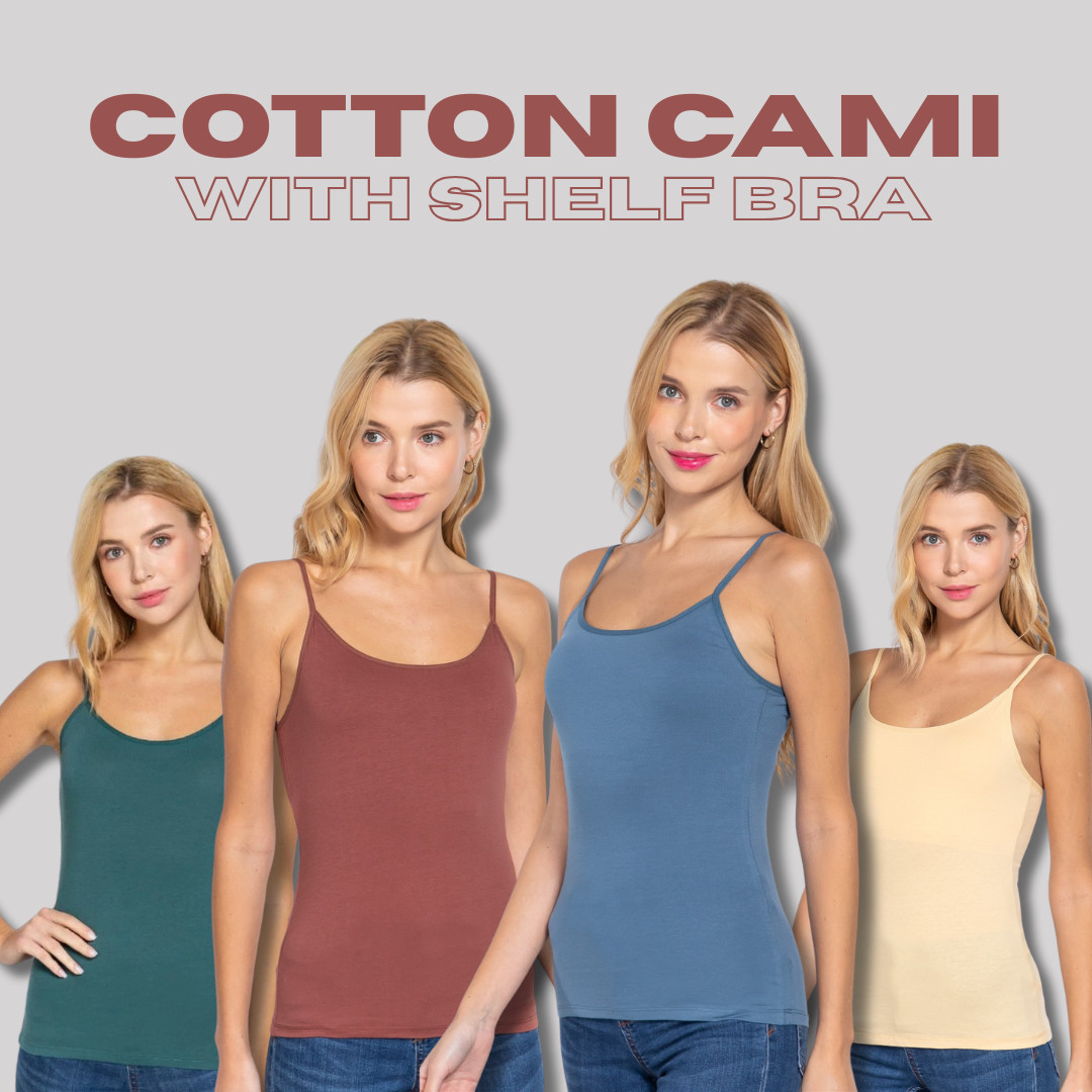 Cami Tank Adjustable Spaghetti Strap Cotton Fitted Sleeveless Top Shelf Bra