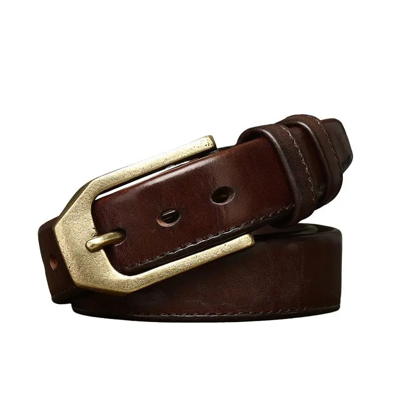 3.8CM Double Sided Full Grain Leather Belt Mens Pin Buckle Thick Cowhide Brass