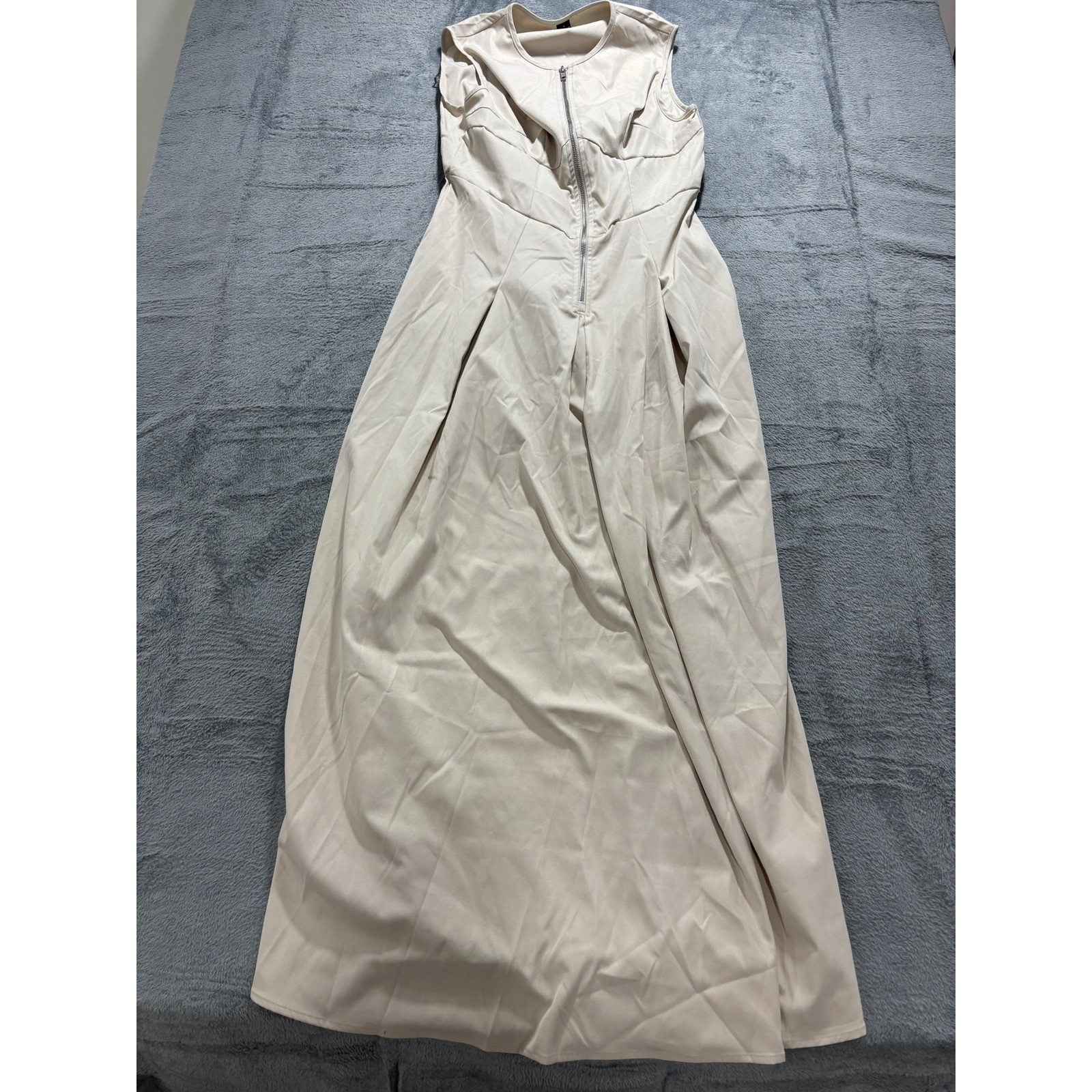 Beige Sleeveless Front Zip Pleated Maxi Dress Corset Bodice Minimalist Neutral